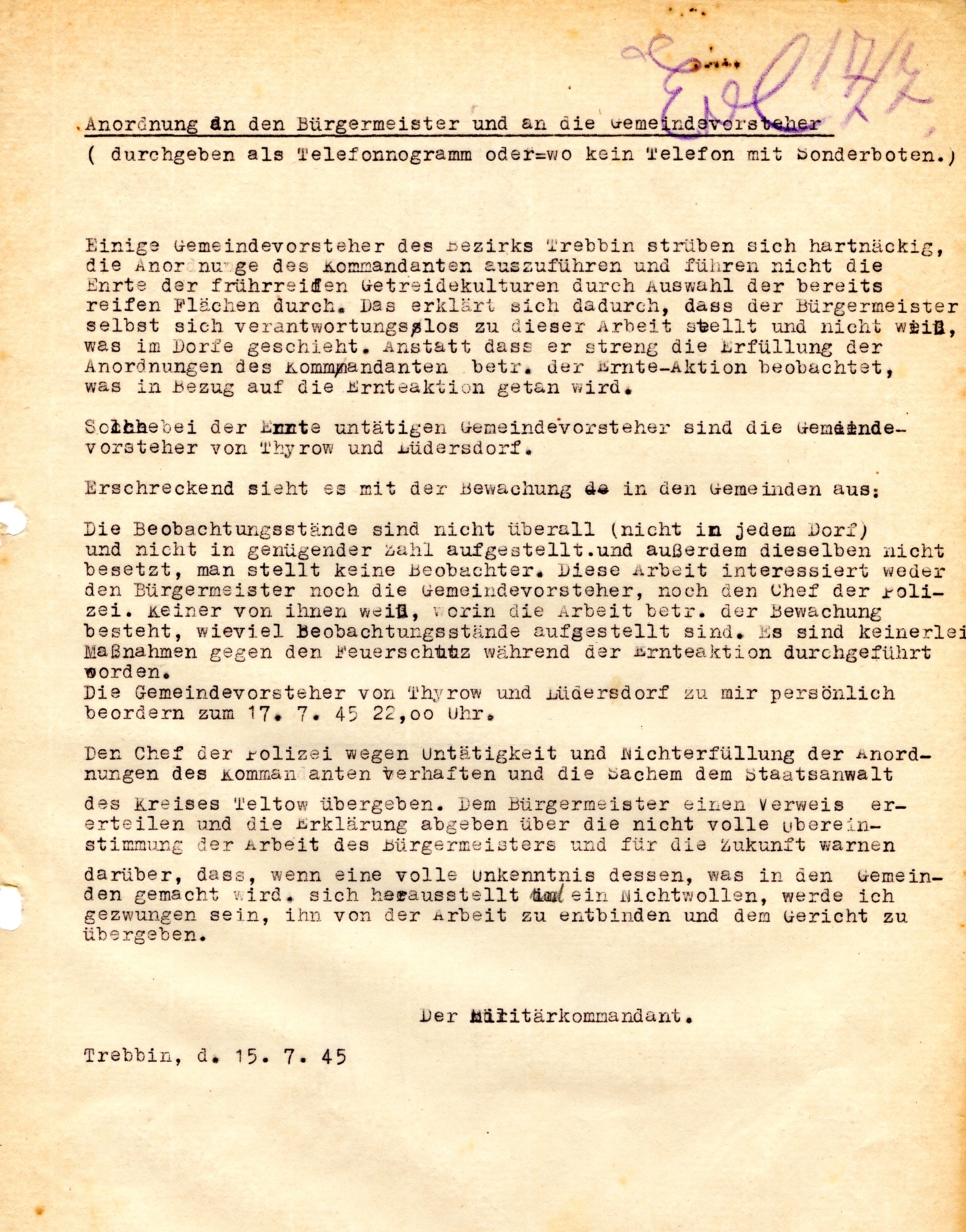 Brief Militärkommandant-Durchführung der Getreideernte nicht überall-15.7.1945