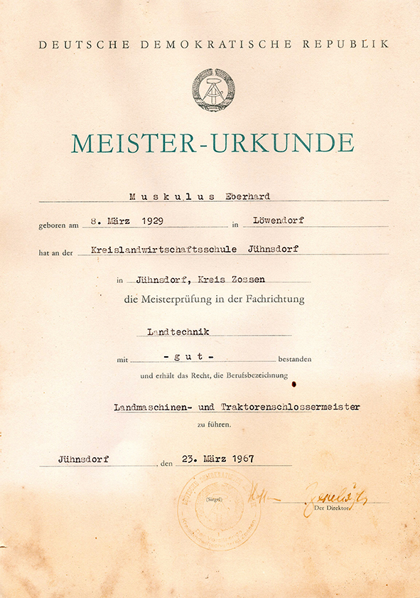 DDR Meisterurkunde Landtechnik 1967