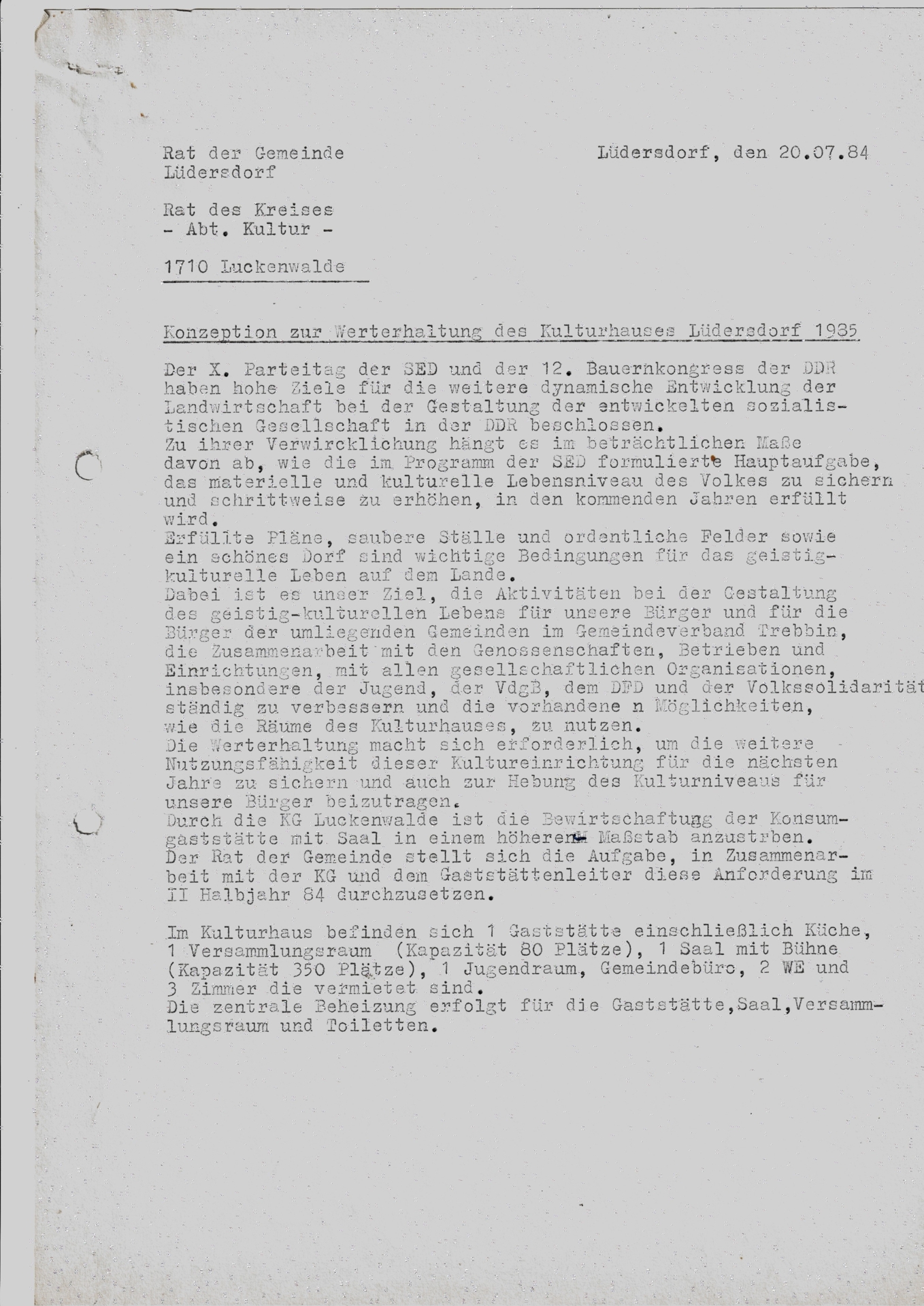 Konzeption zur Werterhaltung des Kulturhauses Lüdersdorf 1985 Seite 1