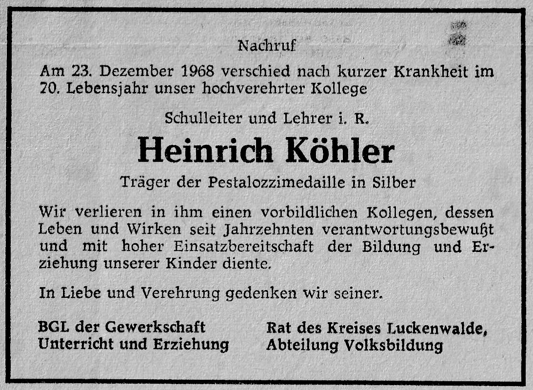 Nachruf für Lehrer Heinrich Köhler