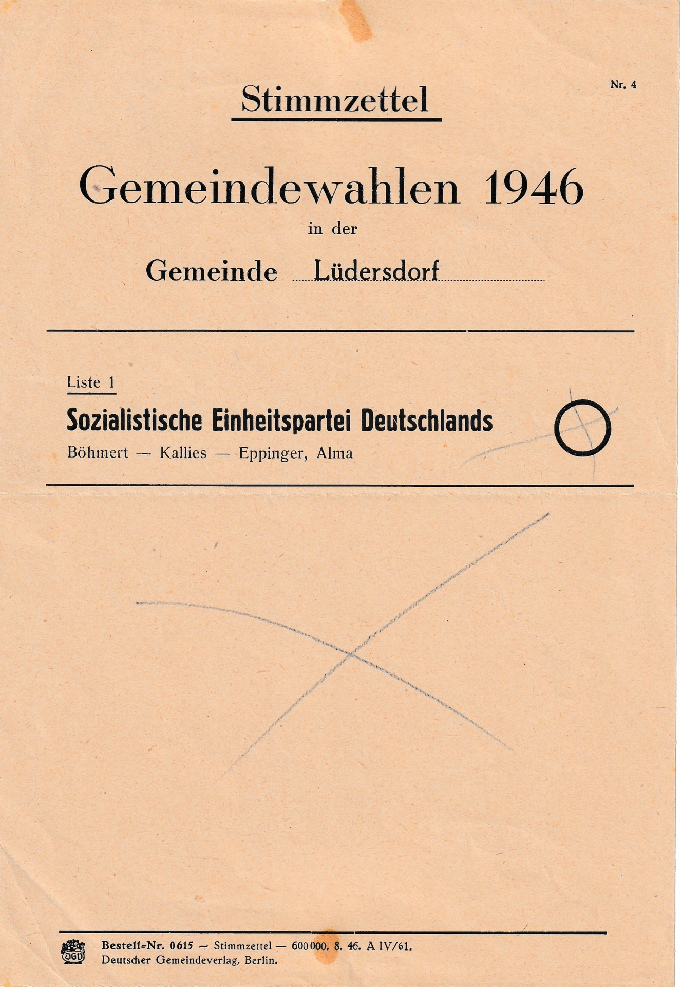 Stimmzettel Gemeindewahlen 1946