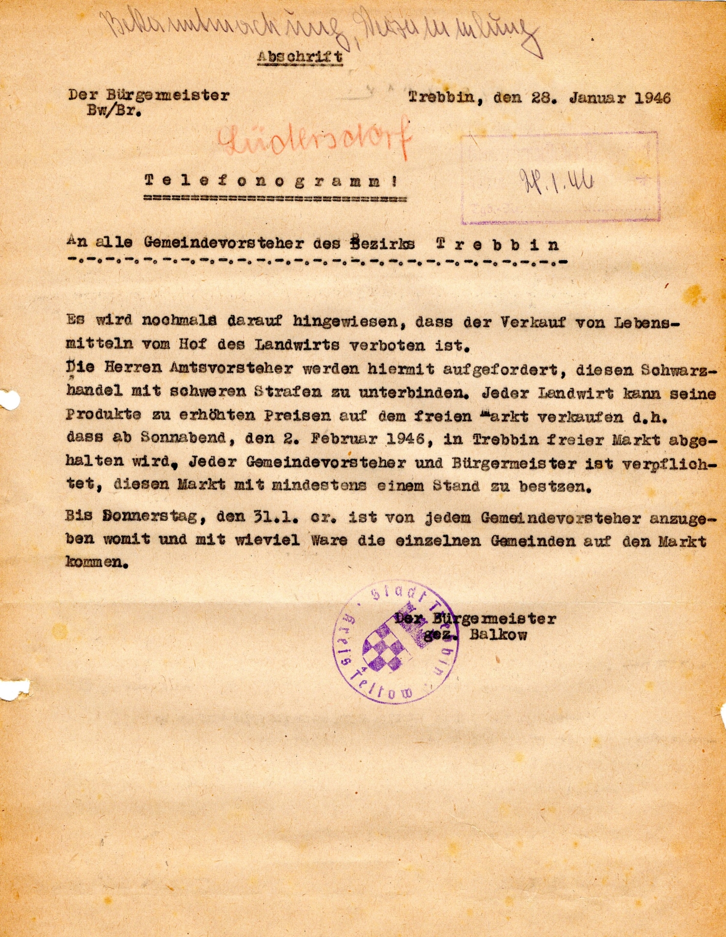 Telefonogramm von der Stadt Trebbin über Verbot Verkauf Lebensmittel-Höfe der Landwirte-28.1.1946