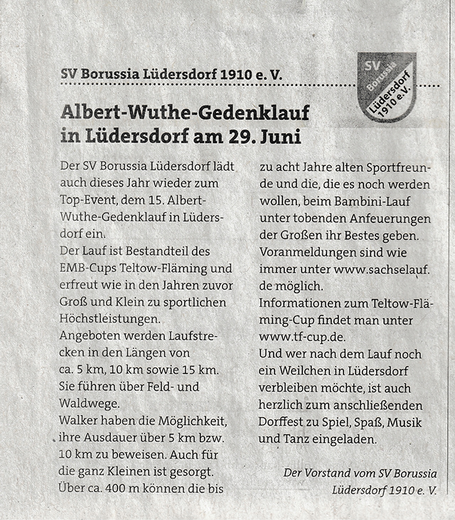 Pressemeldung im Trebbiner Anzeiger vom 17.04.2024  "Albert-Wuthe-Gedenklauf in Lüdersdorf am 29. Juni"