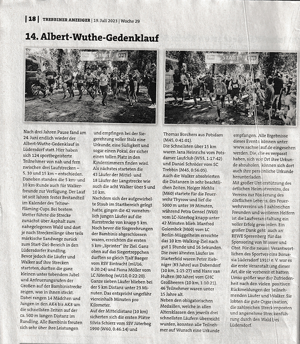 Pressemeldung im Trebbiner Anzeiger vom 19.07.2023 "14. Albert-Wuthe-Gedenklauf"