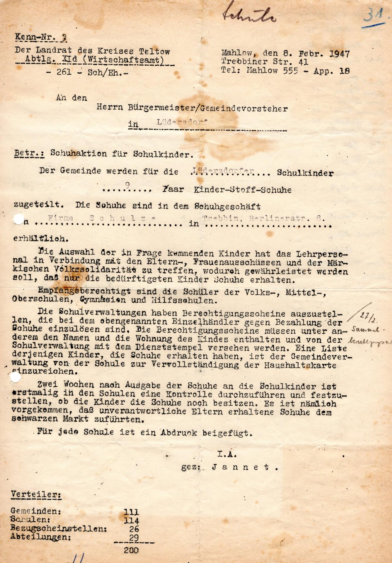 1947_Schreiben_Gemeindevorsteher _Schulaktion_Schulkinder