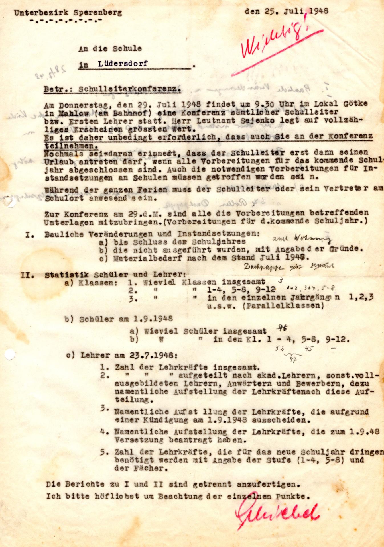 Einladung zur Schulleiterkonferenz - 25.07.1948