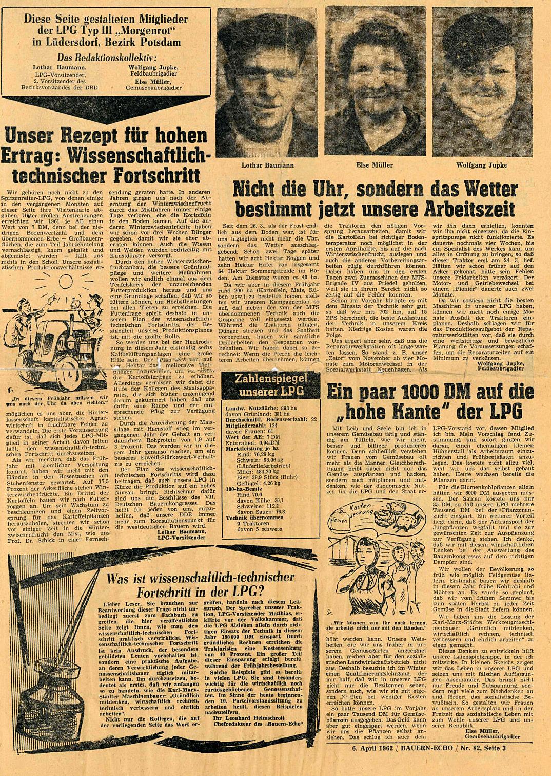 Historisches Dokument: Artikel im "Bauernecho" vom 6.4.1962 "Unser Rezept für hohen Ertrag: Wissenschaftlich-technischer Fortschritt"