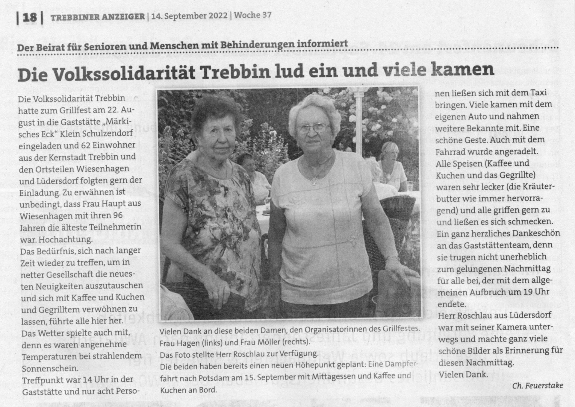 Pressemitteilung Trebbiner Anzeiger vom 14. September 2022, Grillfest in Trebbin