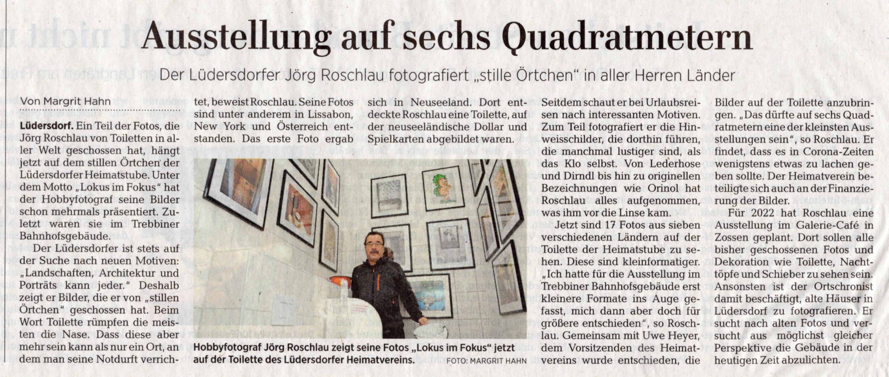 Pressemeldung zur Fotoausstellung in der Heimatstube Lüdersdorf "Lokus im Fokus" von Jörg Roschlau