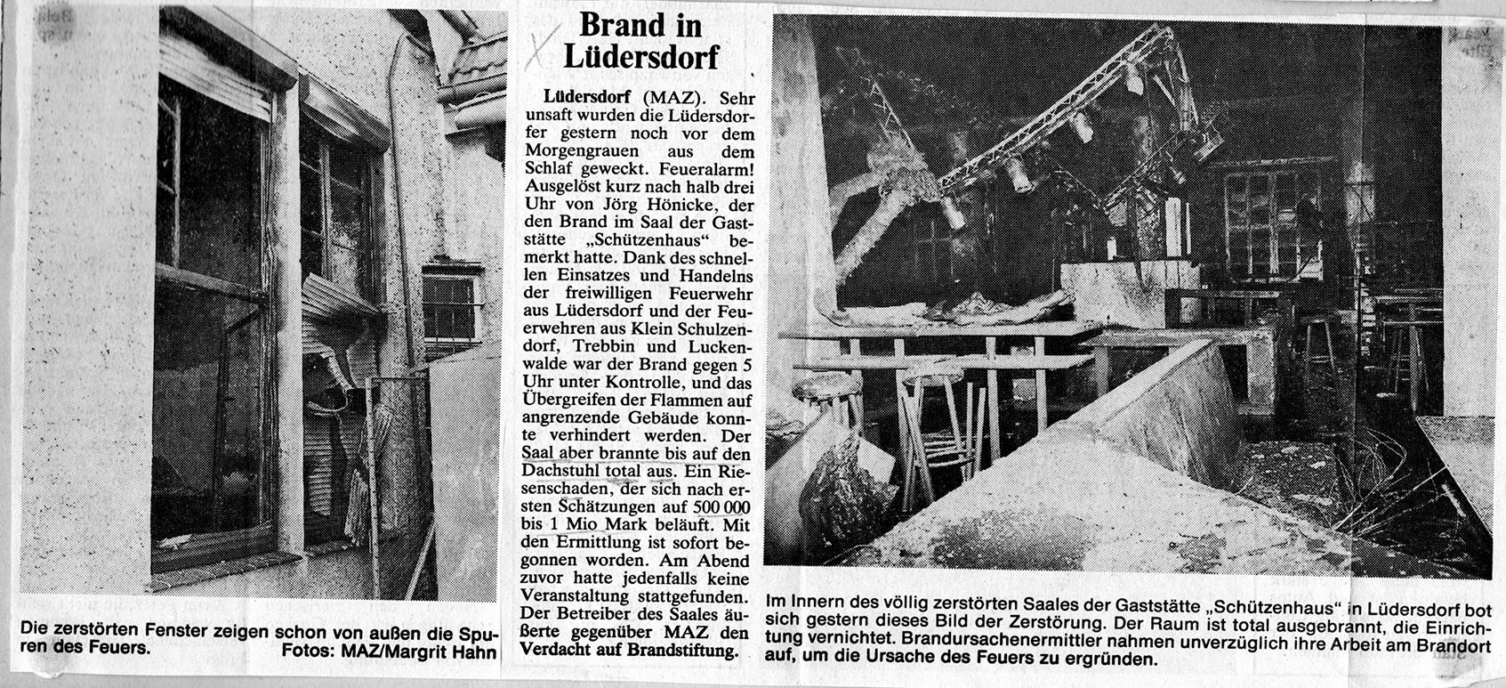 Pressemeldung MAZ 14.07.1992 "Brand in Lüdersdorf" von Margrit Hahn