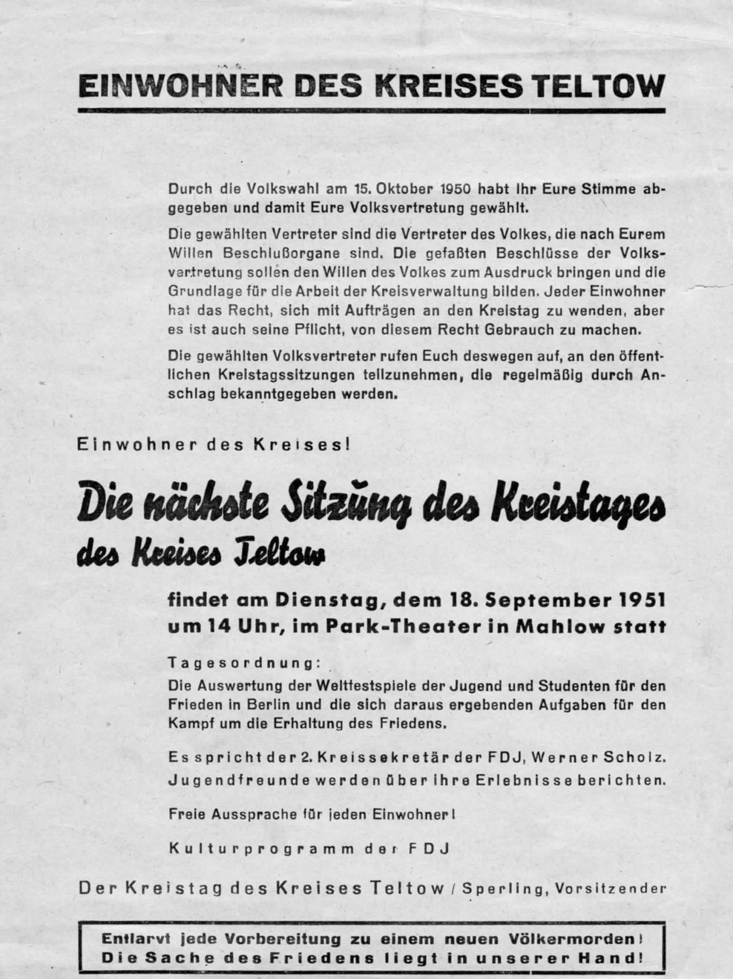 Mitteilung Kreistagessitzung 1951