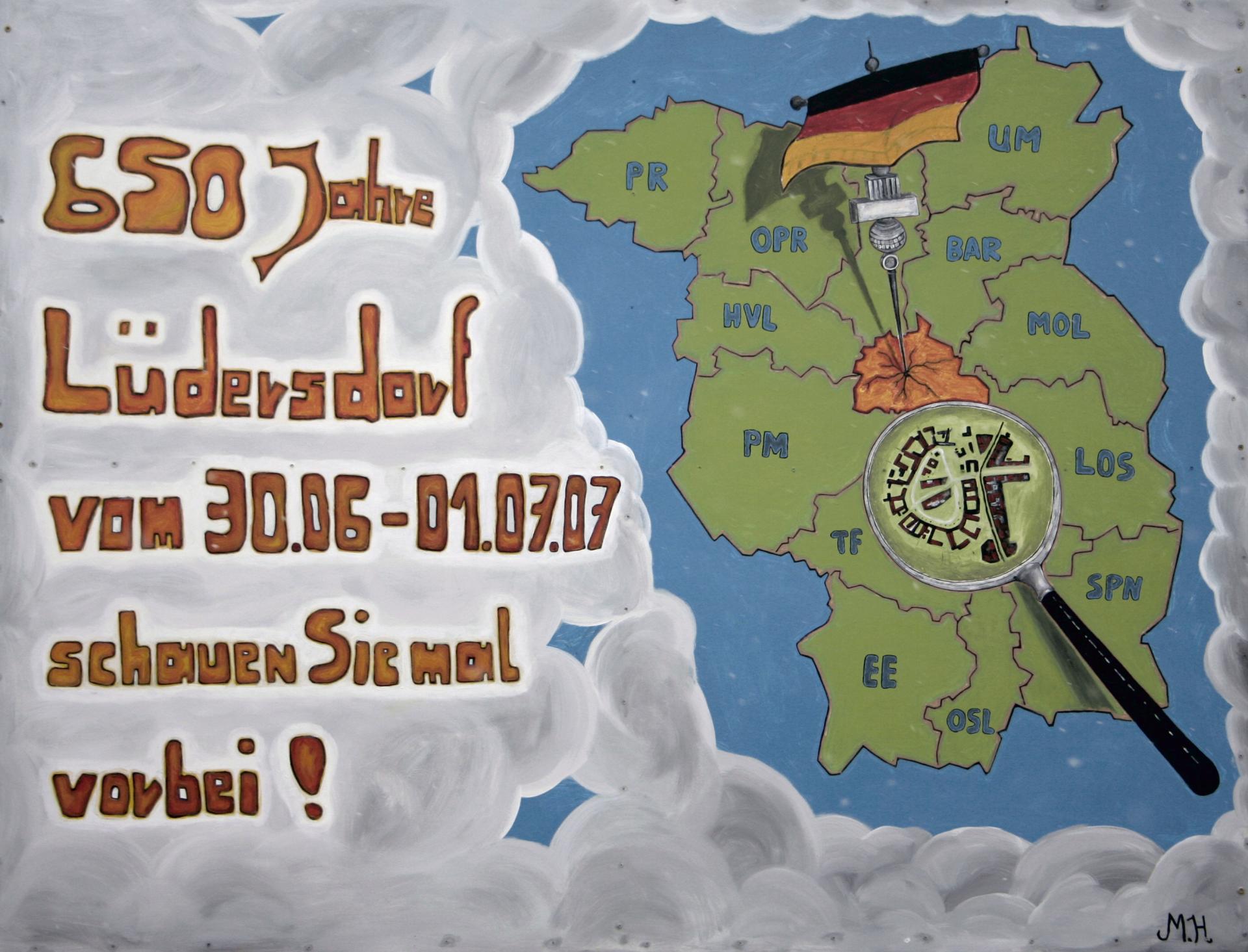 Das von Matthias Heyer gemalte Lüdersdorfer Ortseingangschild zur 650-Jahrfeier (von Trebbin kommend)