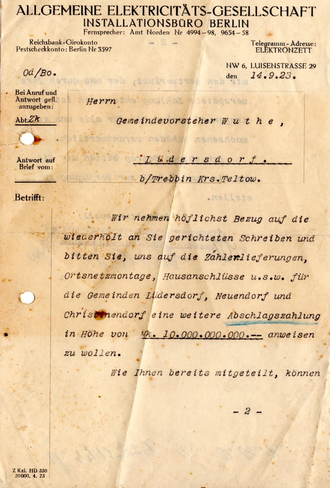 Rechnung der Elektrizitätsgesellschaft aus dem Jahr 1923