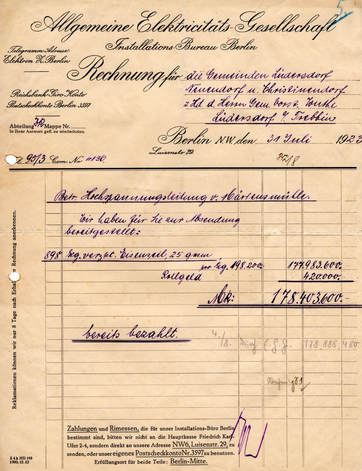 Rechnung der Elektrizitätsgesellschaft aus dem Jahr 1923