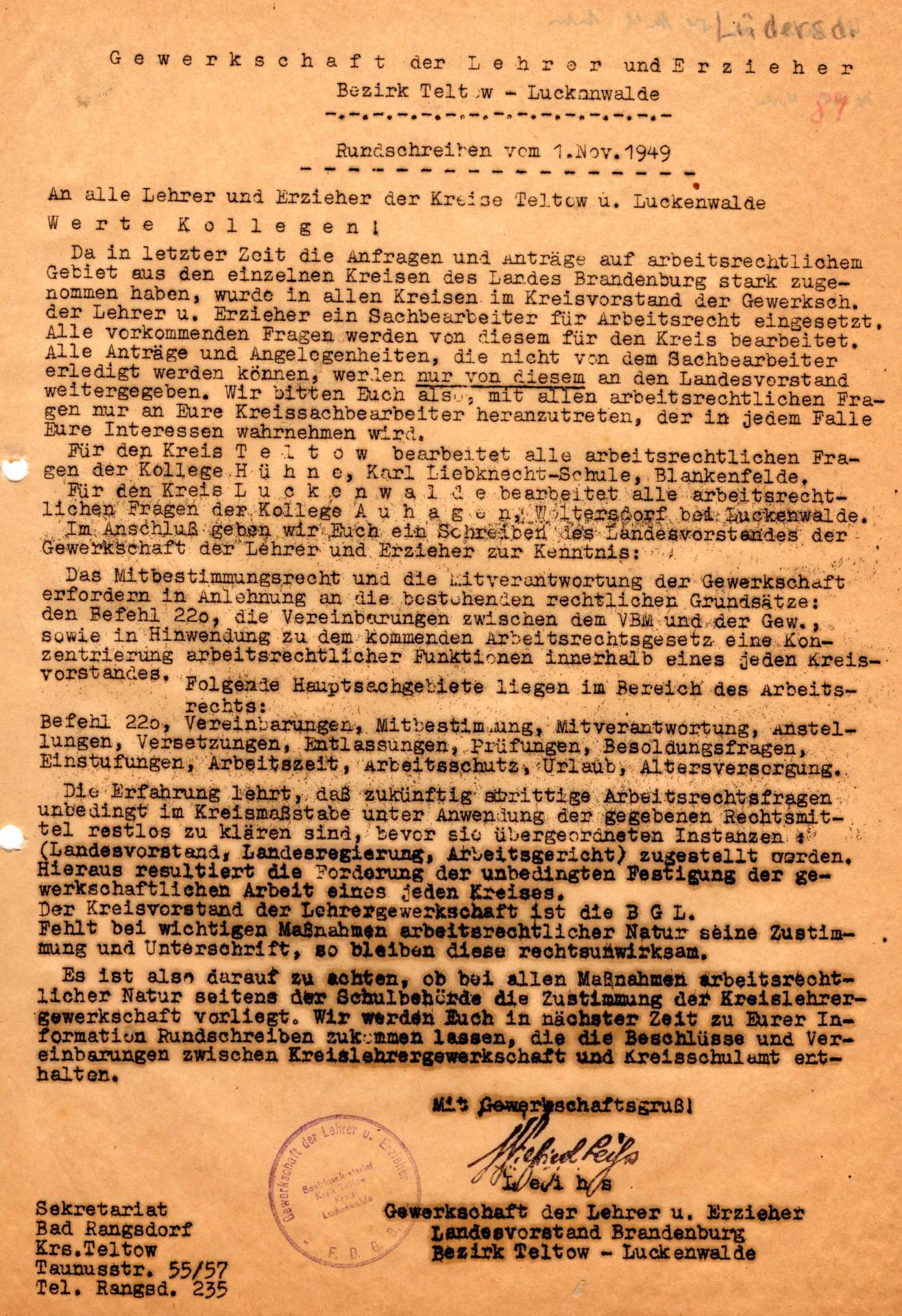 Rundschreiben 1.11.1949 - über Mitbestimmung der Gewrkschaft