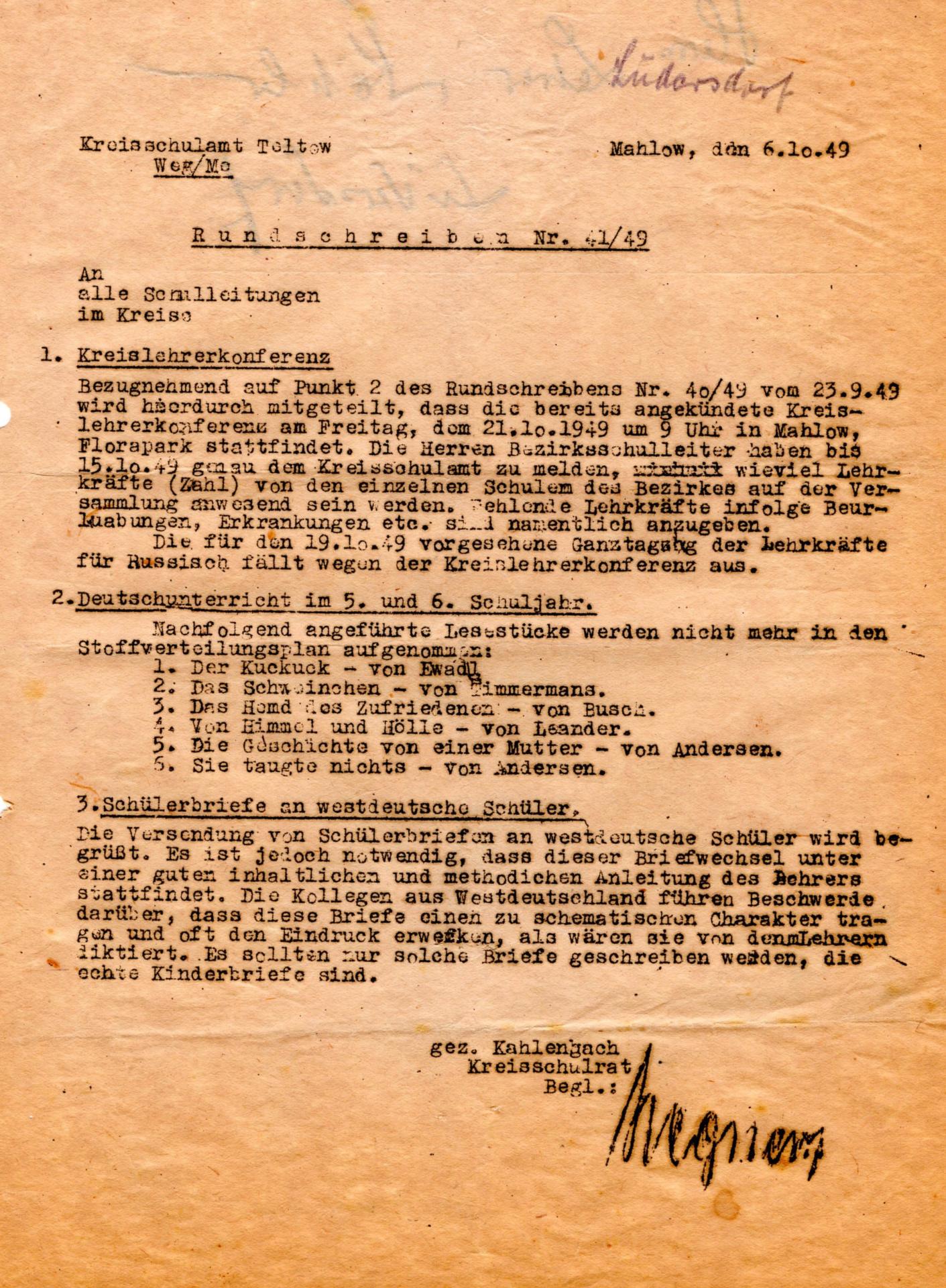 Rundschreiben 41-49 - Kreislehrerkonferenz - Schülerbrief an westdeutsche Schüler - 06.10.1949