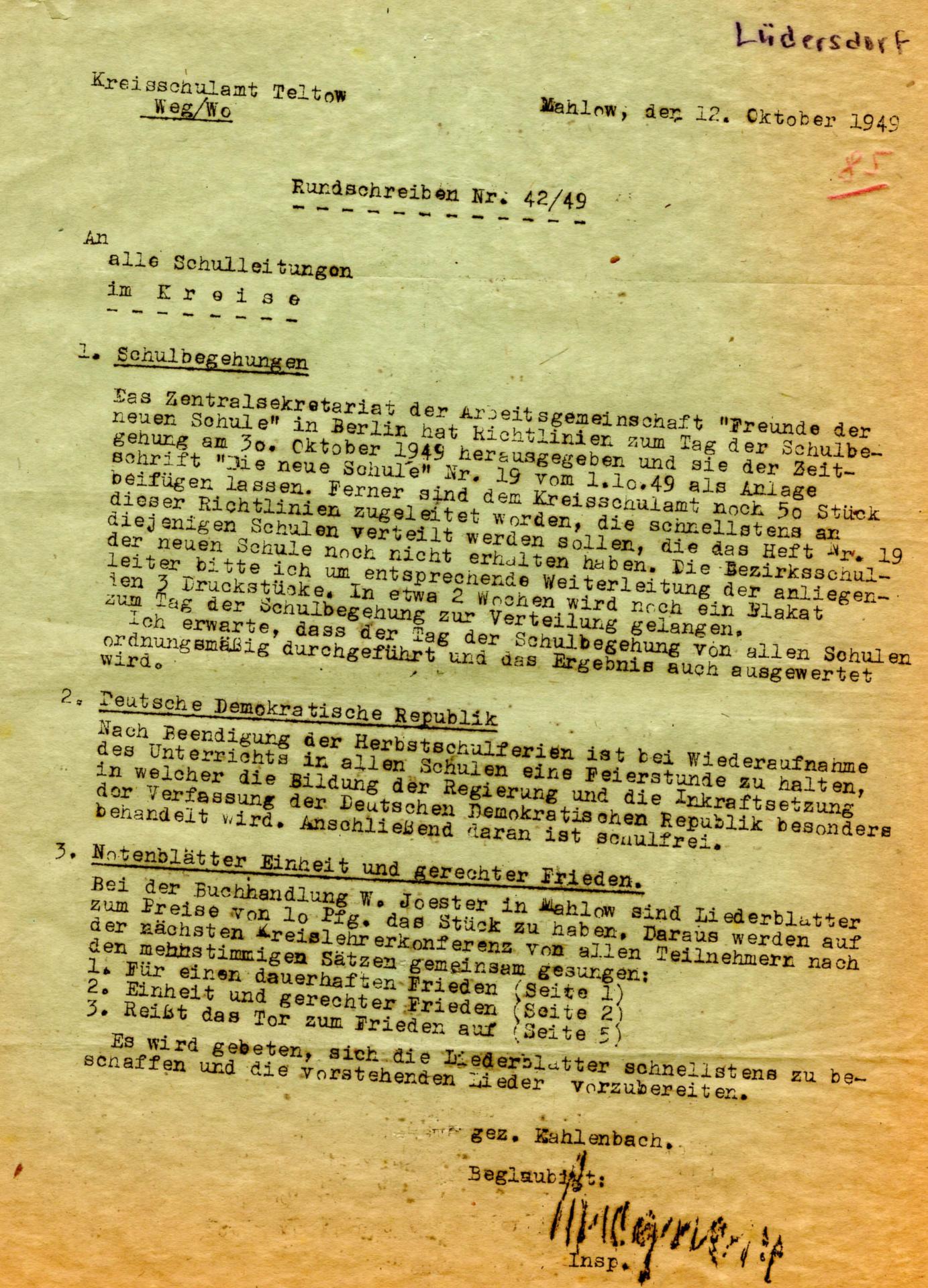 Rundschreiben 42-49 zur Schulbegehung - 17.10.1949