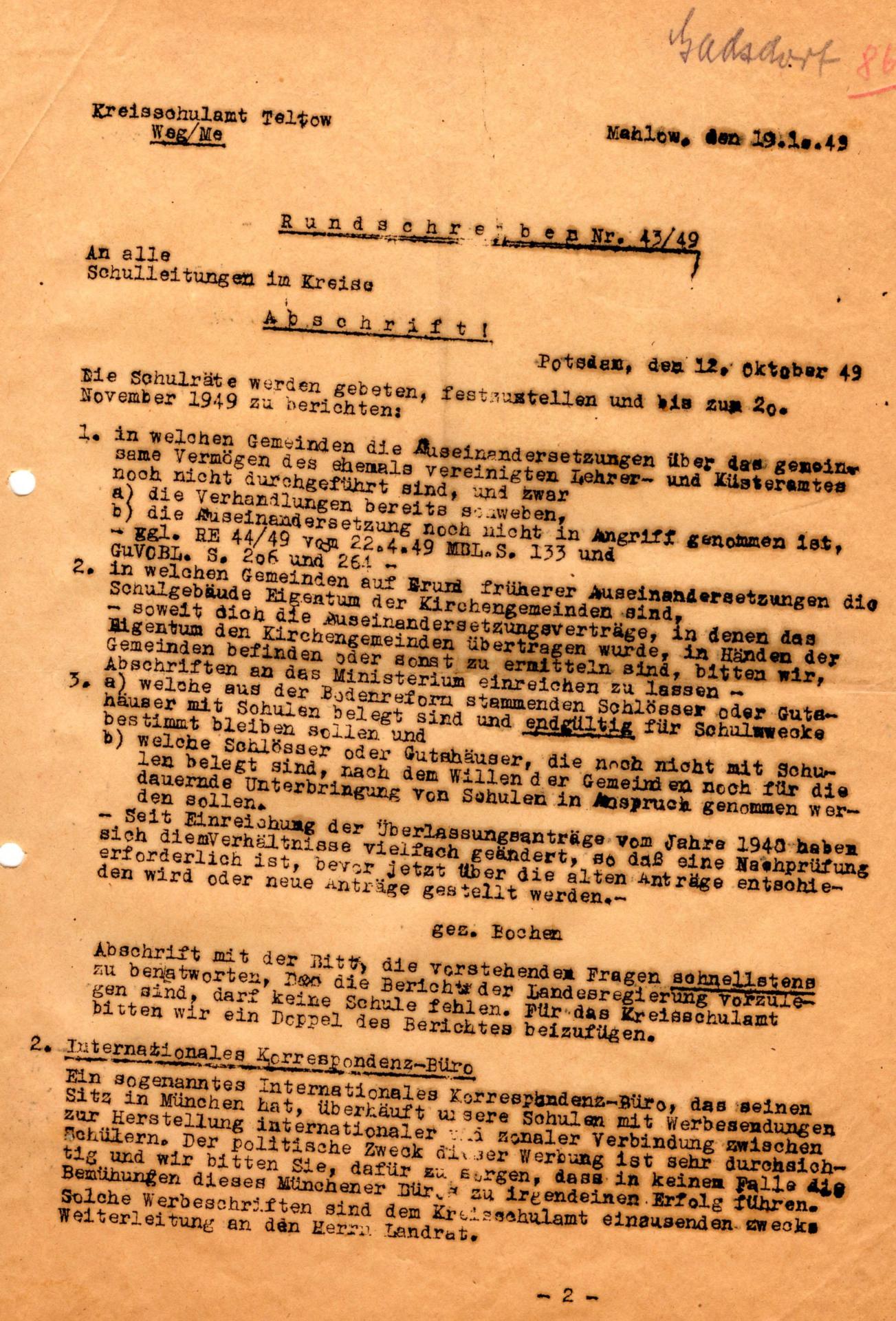 Rundschreiben 43-49 - Klärung gemeinsamer Vermögen Kirche-Gemeinde und Nutzung für Schulen - 29.10.1949
