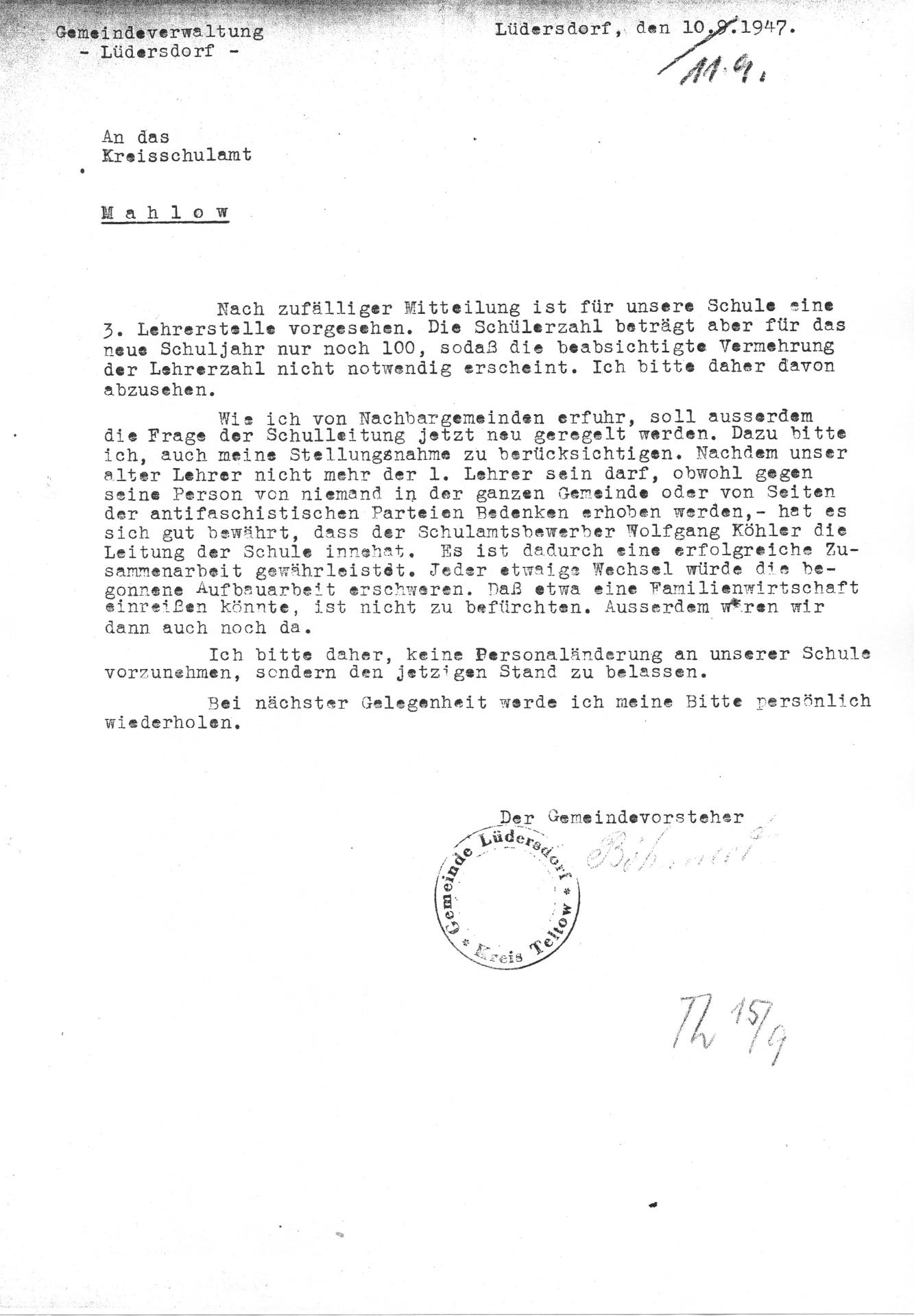 Schreiben an den Schulrat - Schaffung einer 3. Lehrerstelle - 11.09.1947