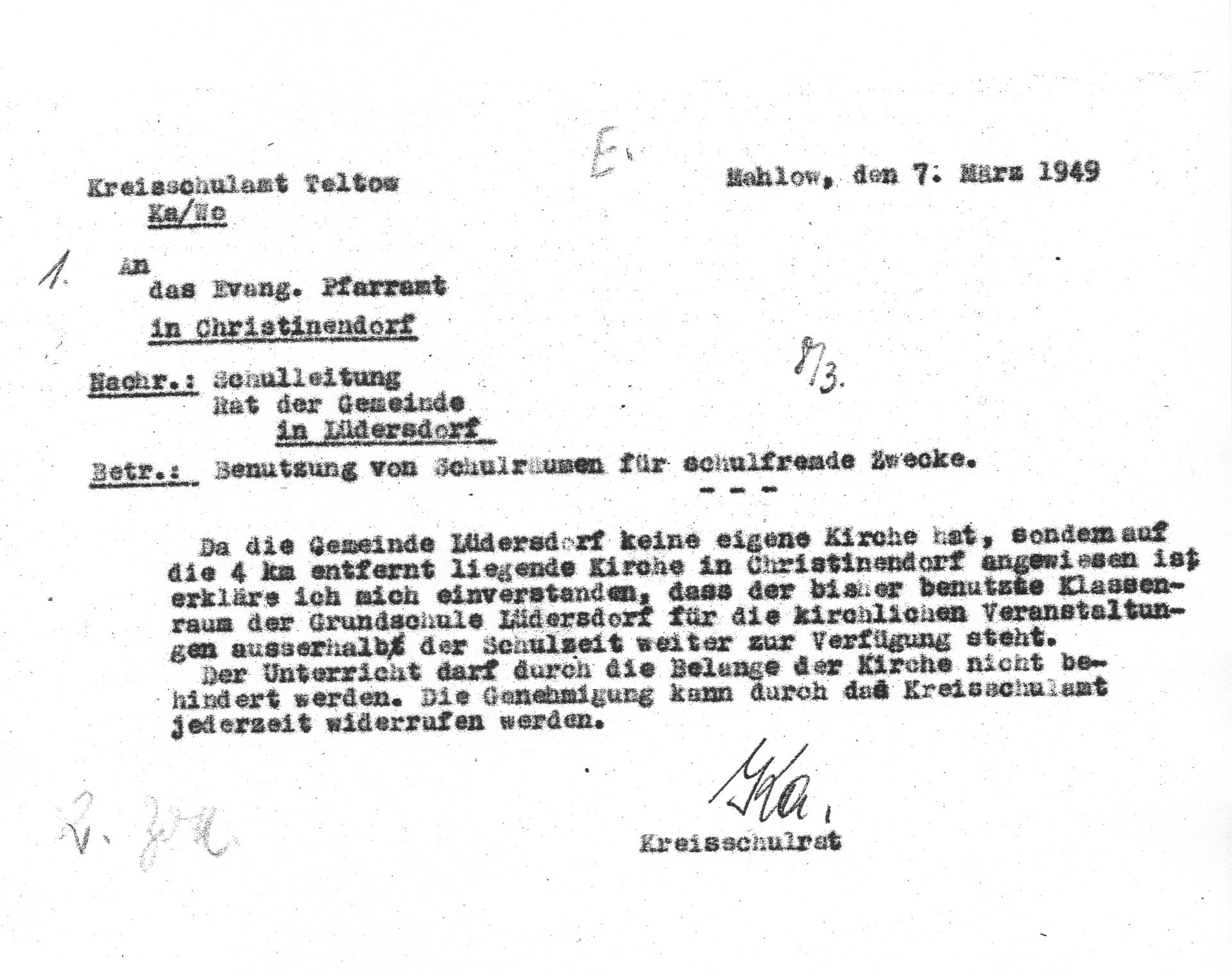 Schreiben Kreisschulrat an evangelisches Pfarreramt - Nutzung der Schulräume - 7.03.1949