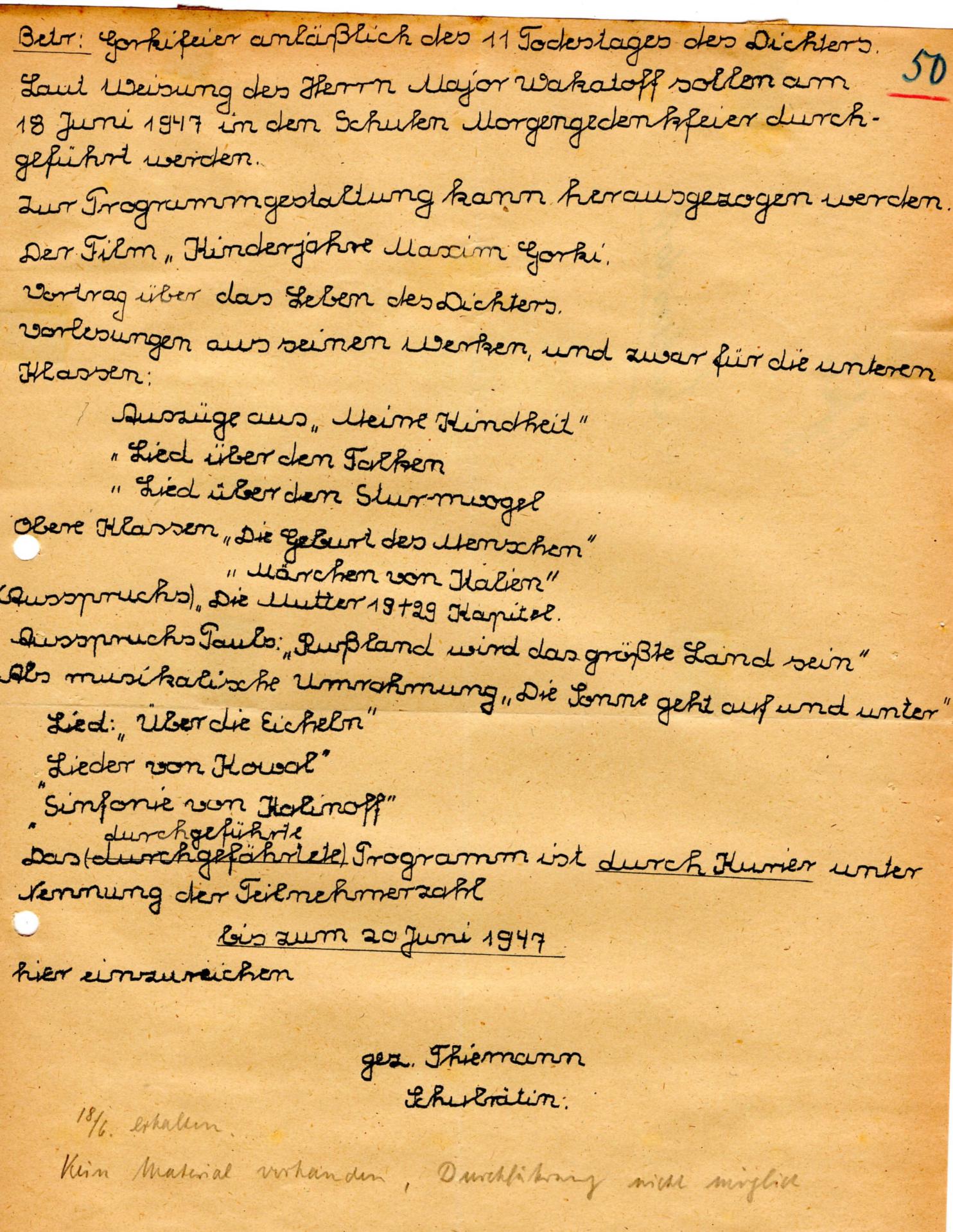 Schreiben Schulrätin zur Durchführung einer Gorkifeier - 1947
