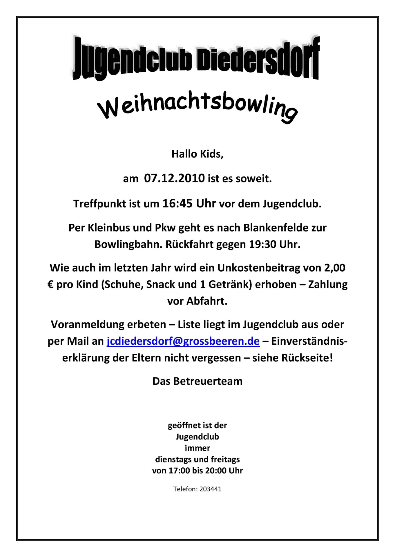 Flyer Jugendclub Diedersdorf Dezember 2010