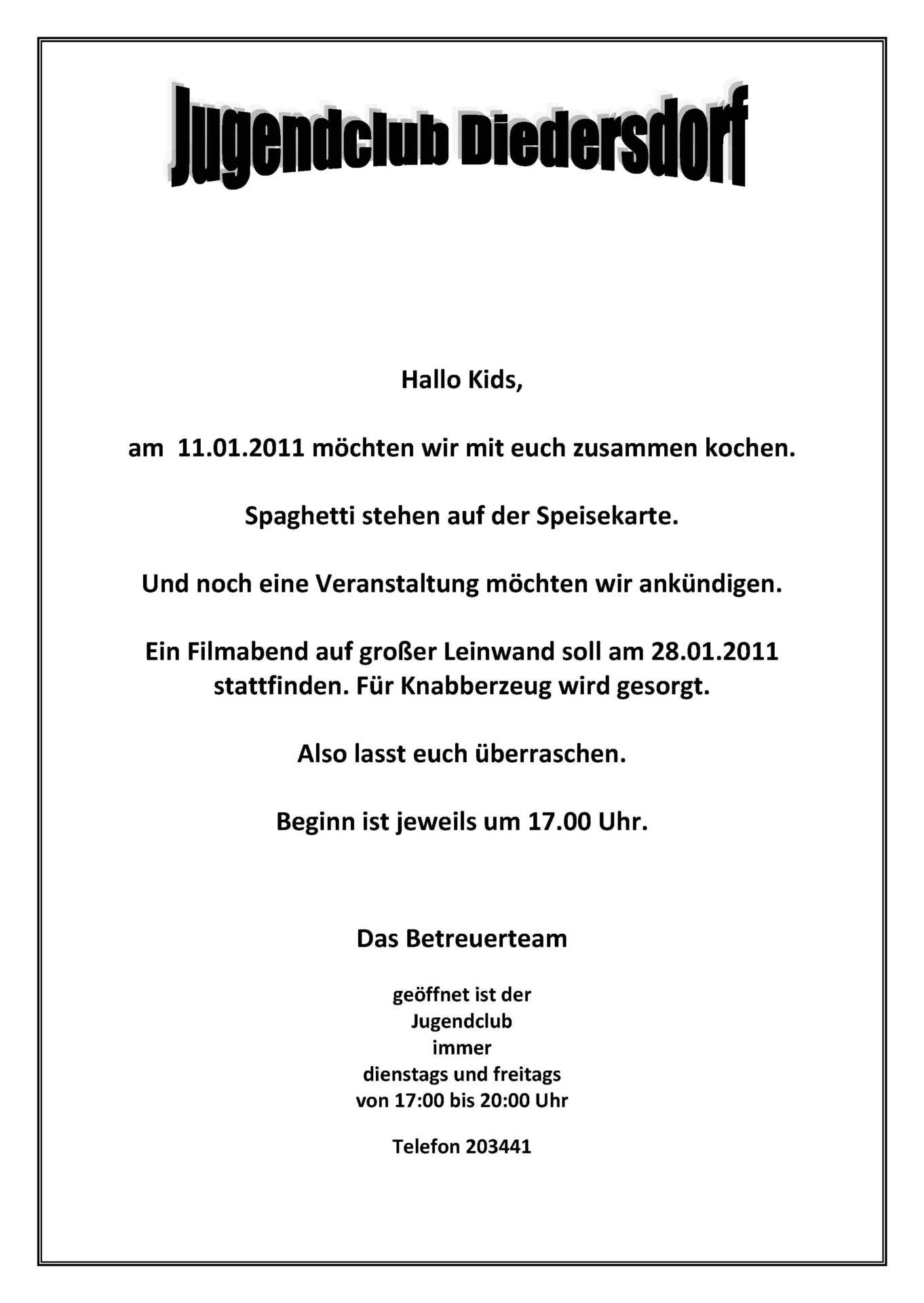 Flyer Jugendclub Diedersdorf Januar 2011