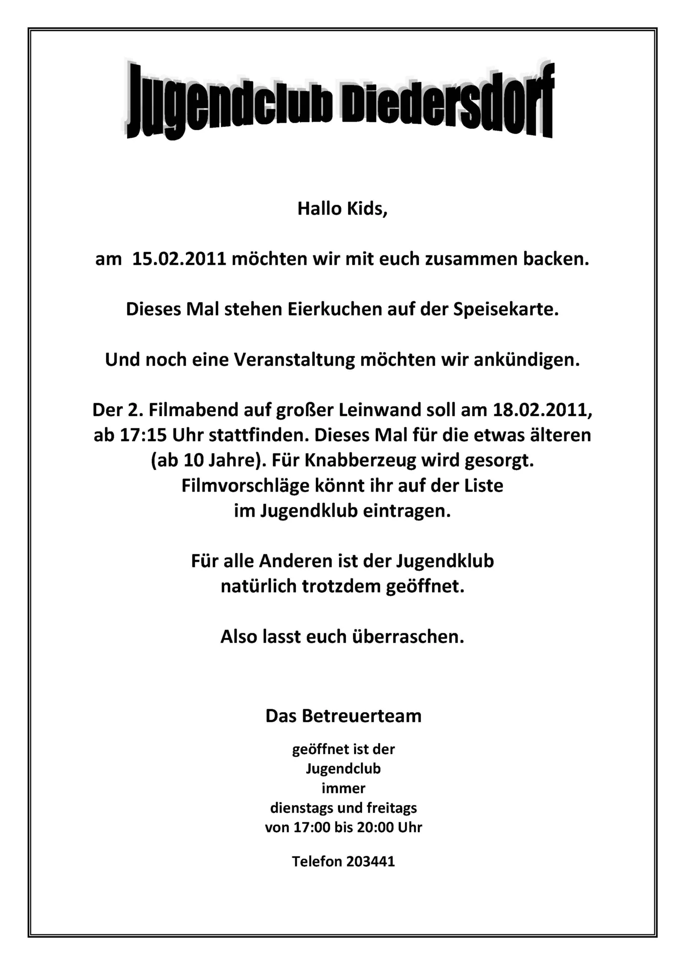 Flyer Jugendclub Diedersdorf Februar 2011