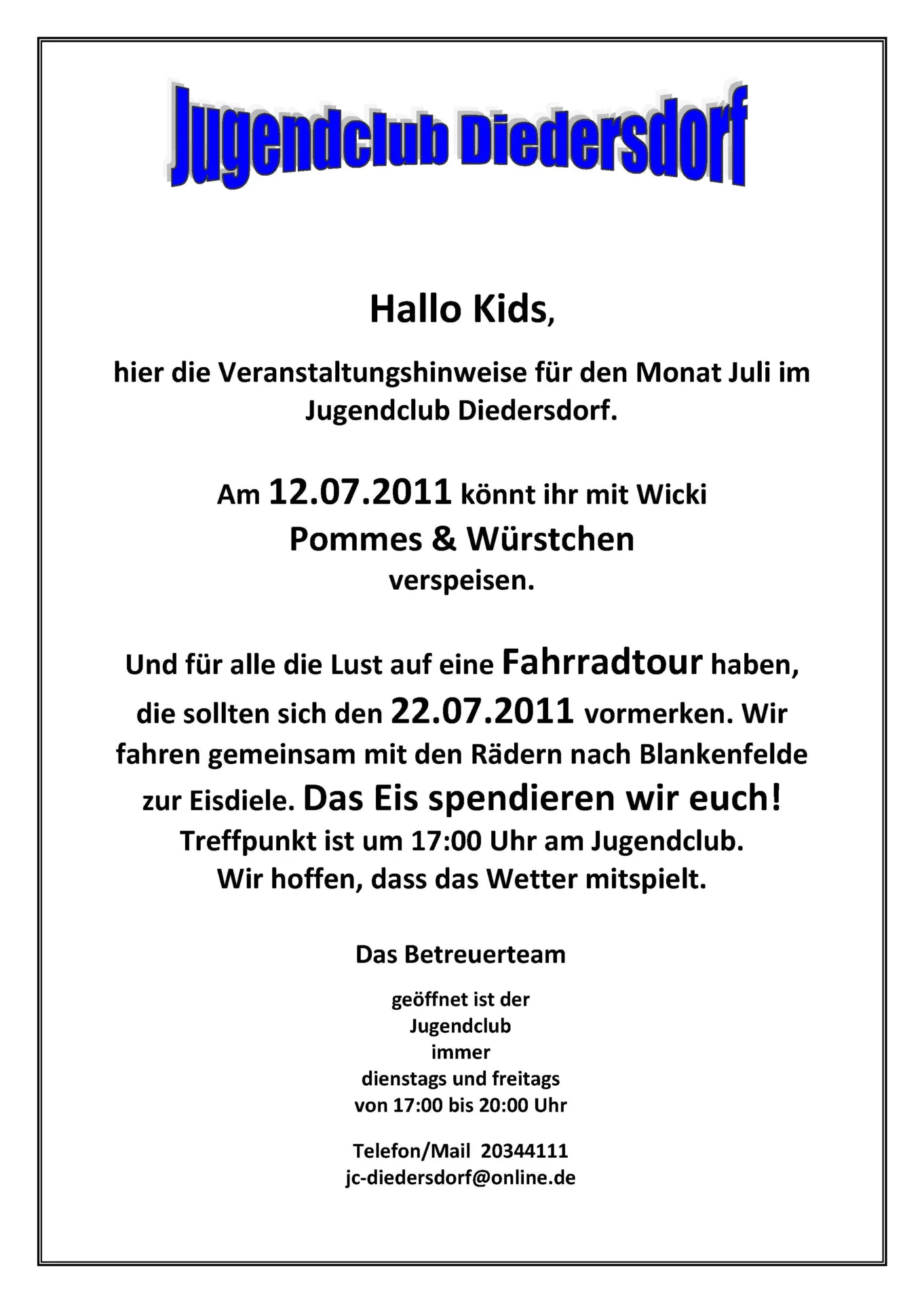 Flyer Jugendclub Diedersdorf Juli 2011