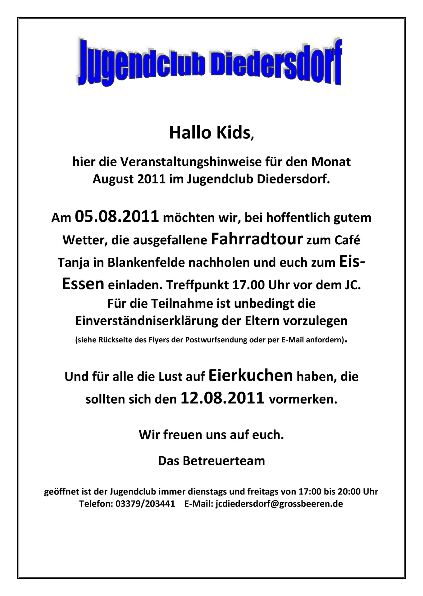 Flyer Jugendclub Diedersdorf August 2011