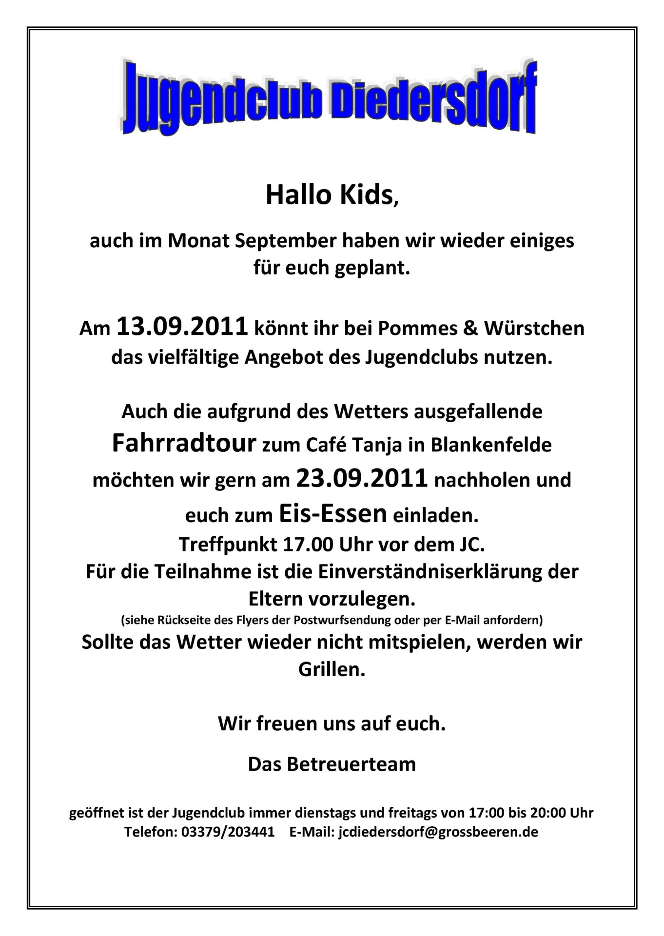 Flyer Jugendclub Diedersdorf September 2011