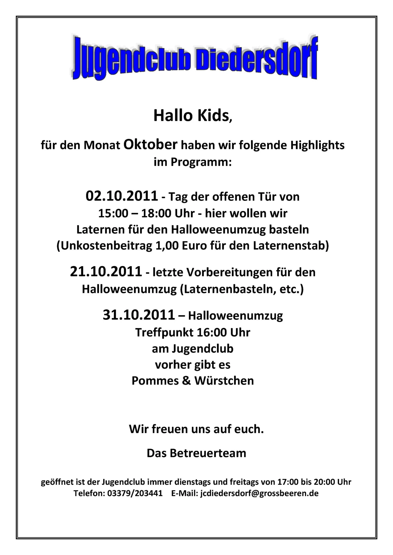Flyer Jugendclub Diedersdorf Oktober 2011