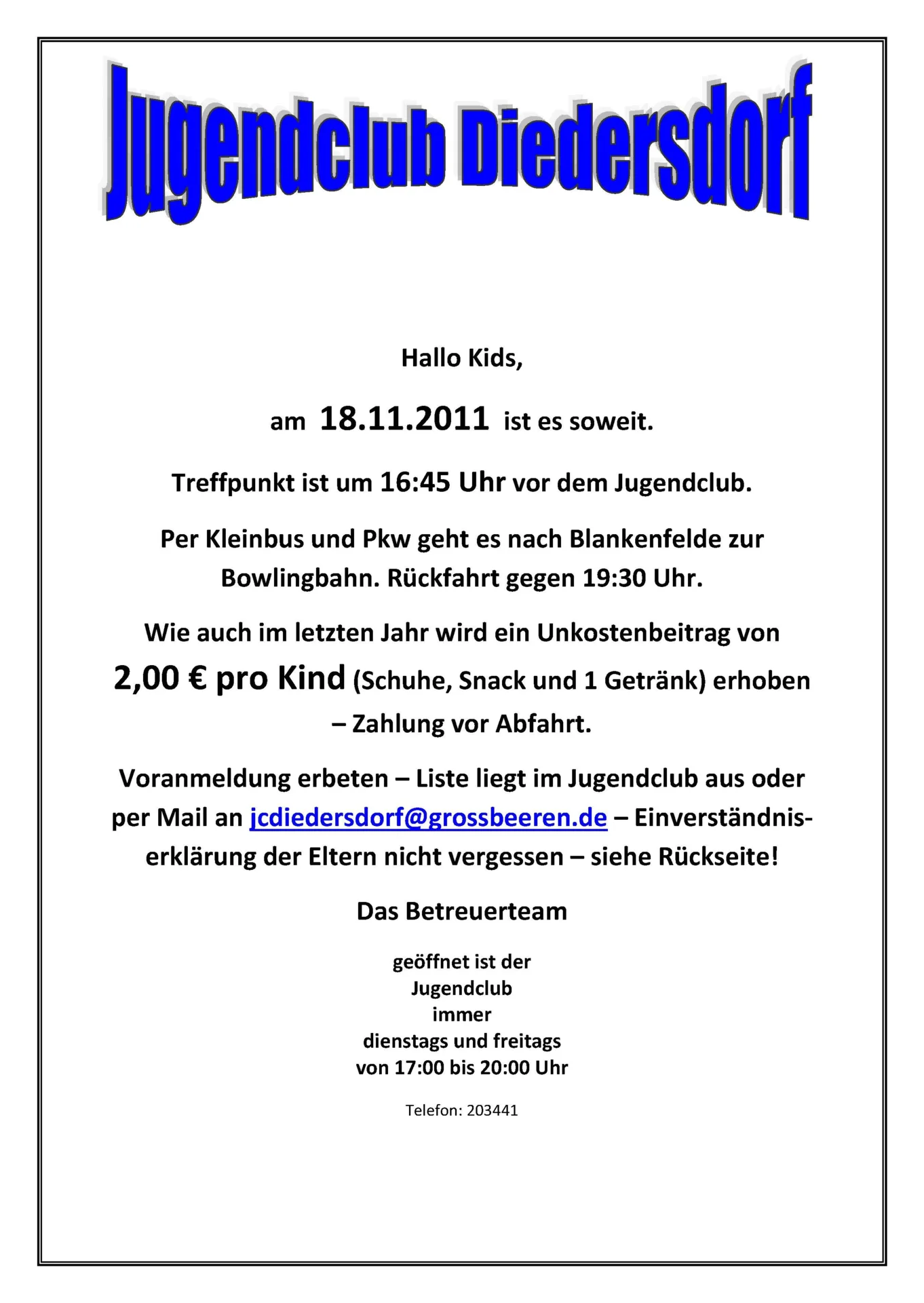 Flyer Jugendclub Diedersdorf November 2011