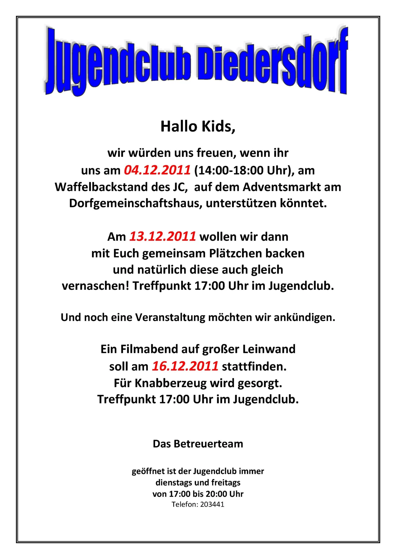 Flyer Jugendclub Diedersdorf Dezember 2011