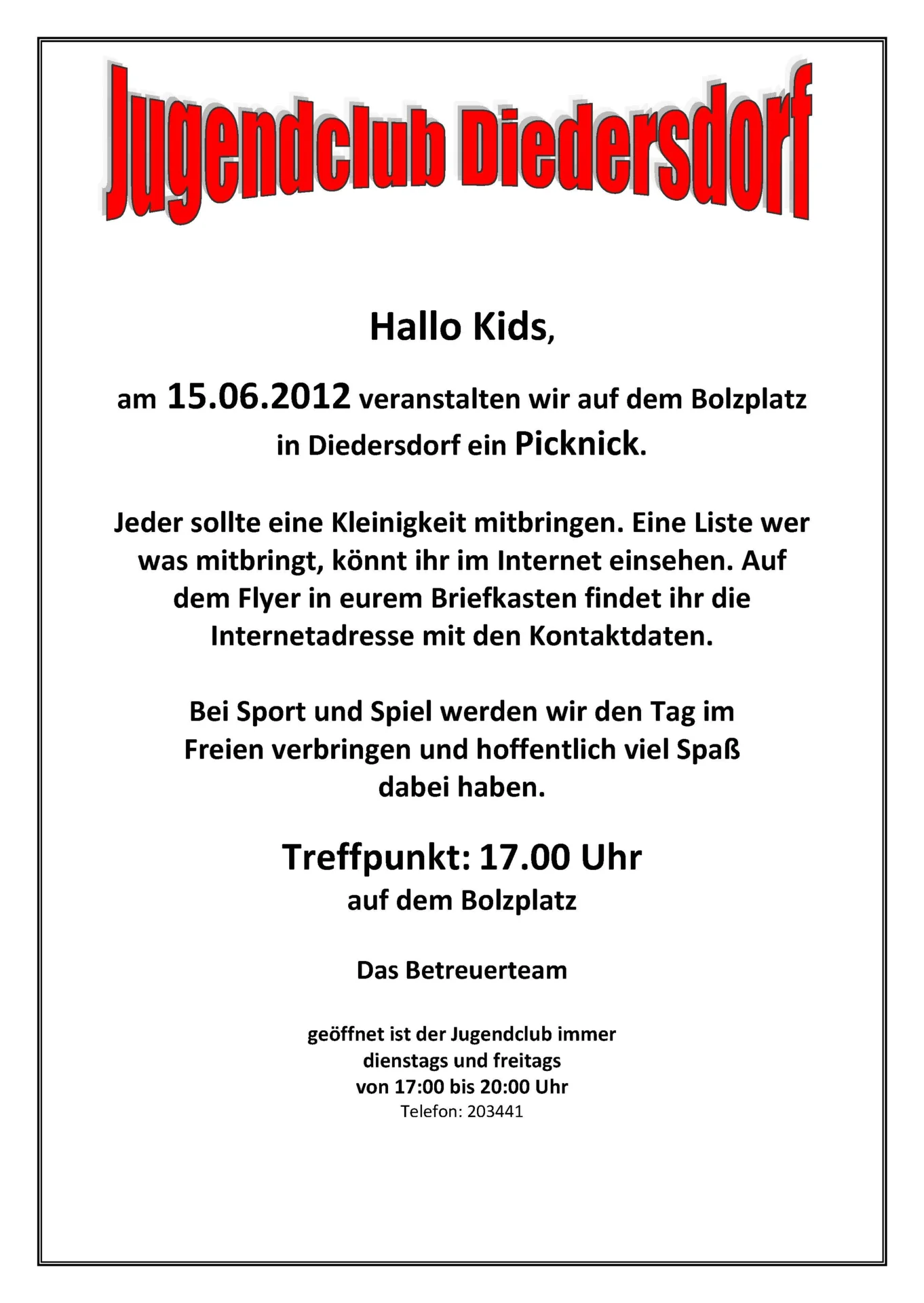 Flyer Jugendclub Diedersdorf Juni 2012