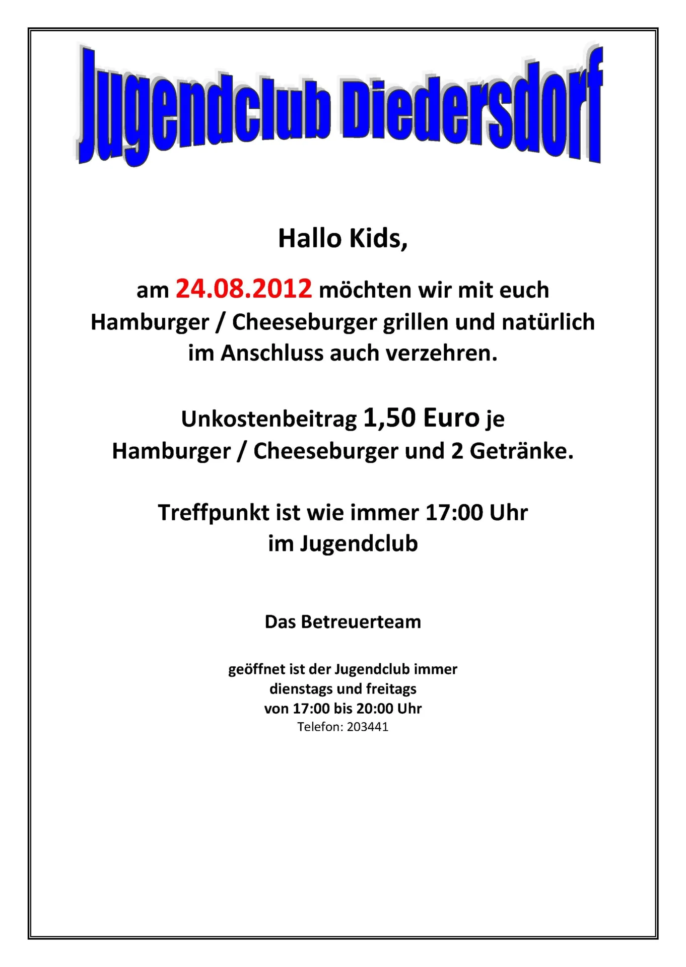 Flyer Jugendclub Diedersdorf August 2012