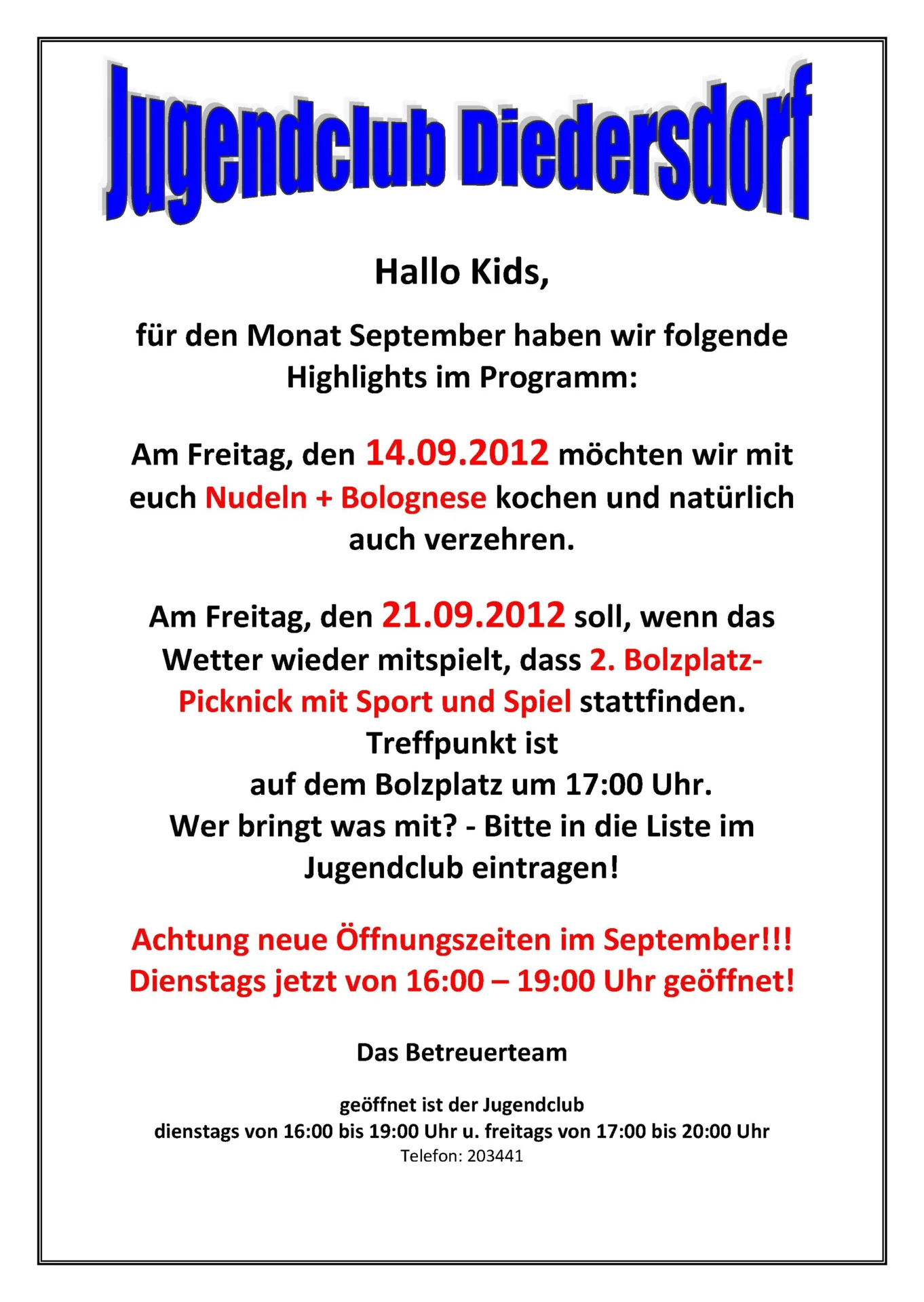 Flyer Jugendclub Diedersdorf September 2012