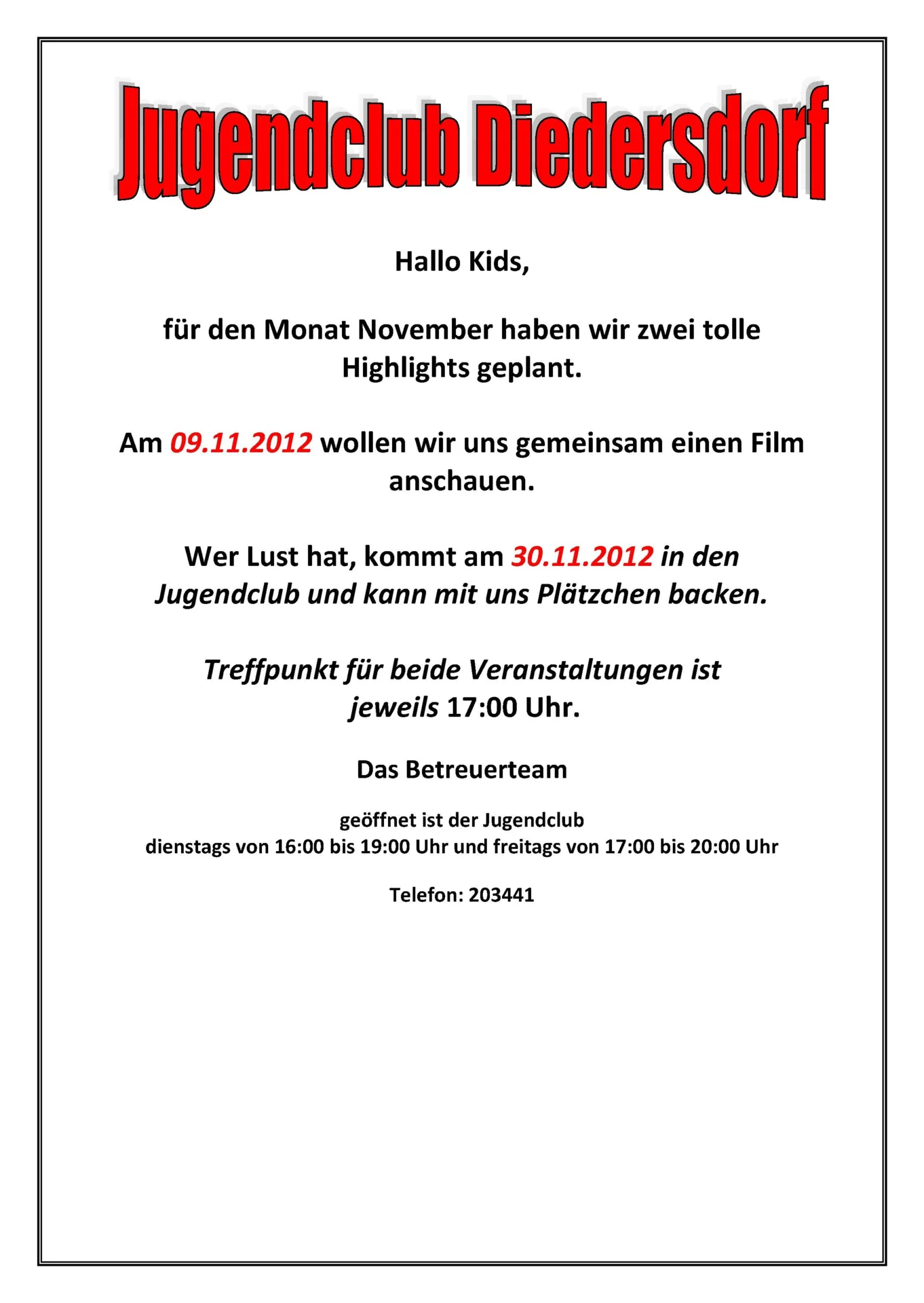 Flyer Jugendclub Diedersdorf November 2012