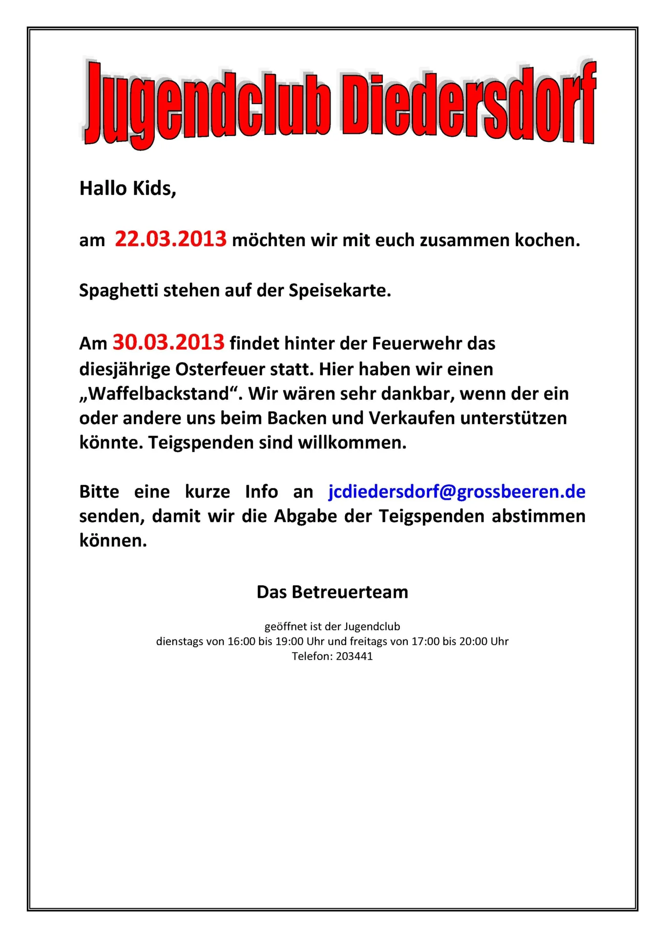 Flyer Jugendclub Diedersdorf März 2013