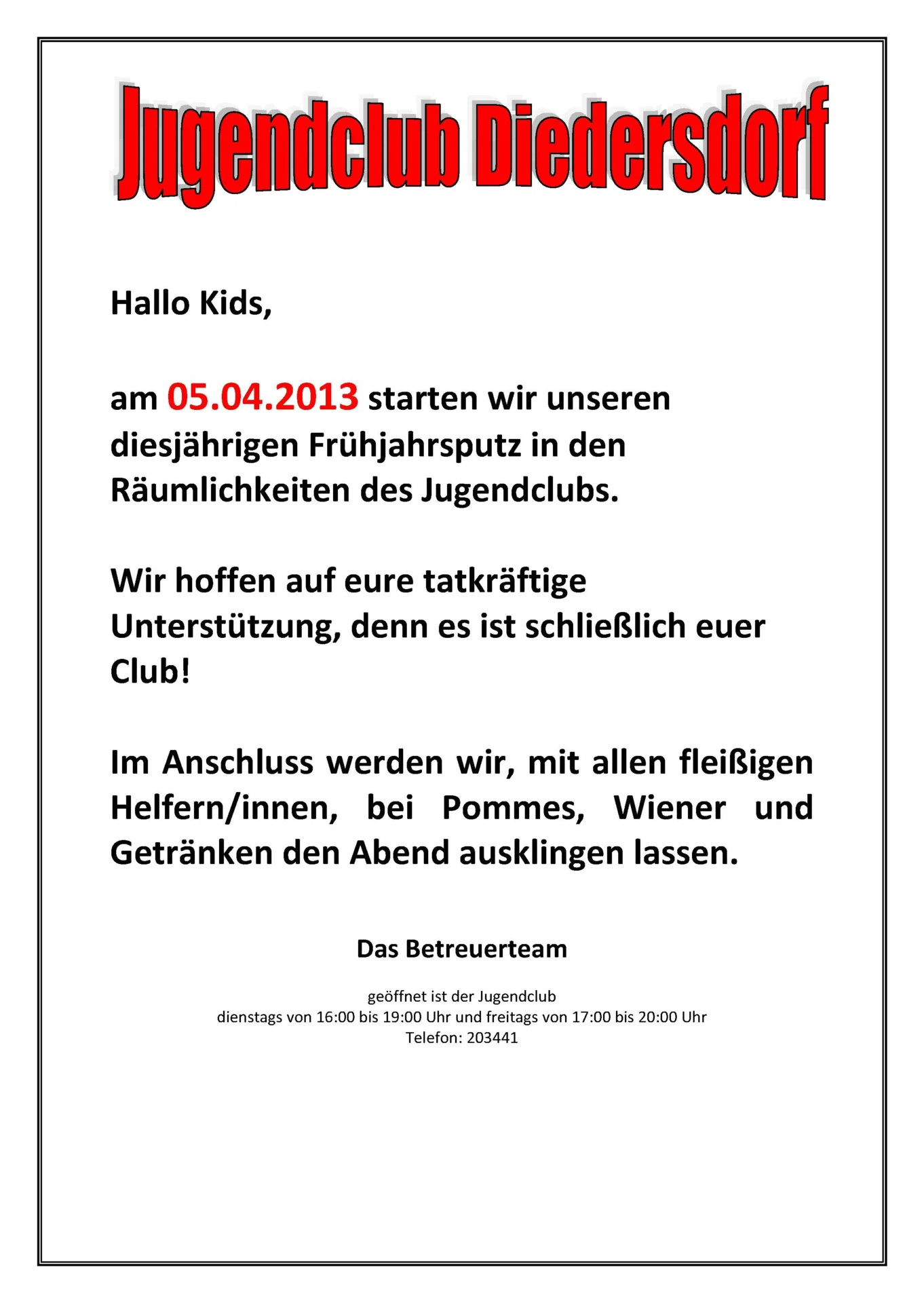 Flyer Jugendclub Diedersdorf April 2013