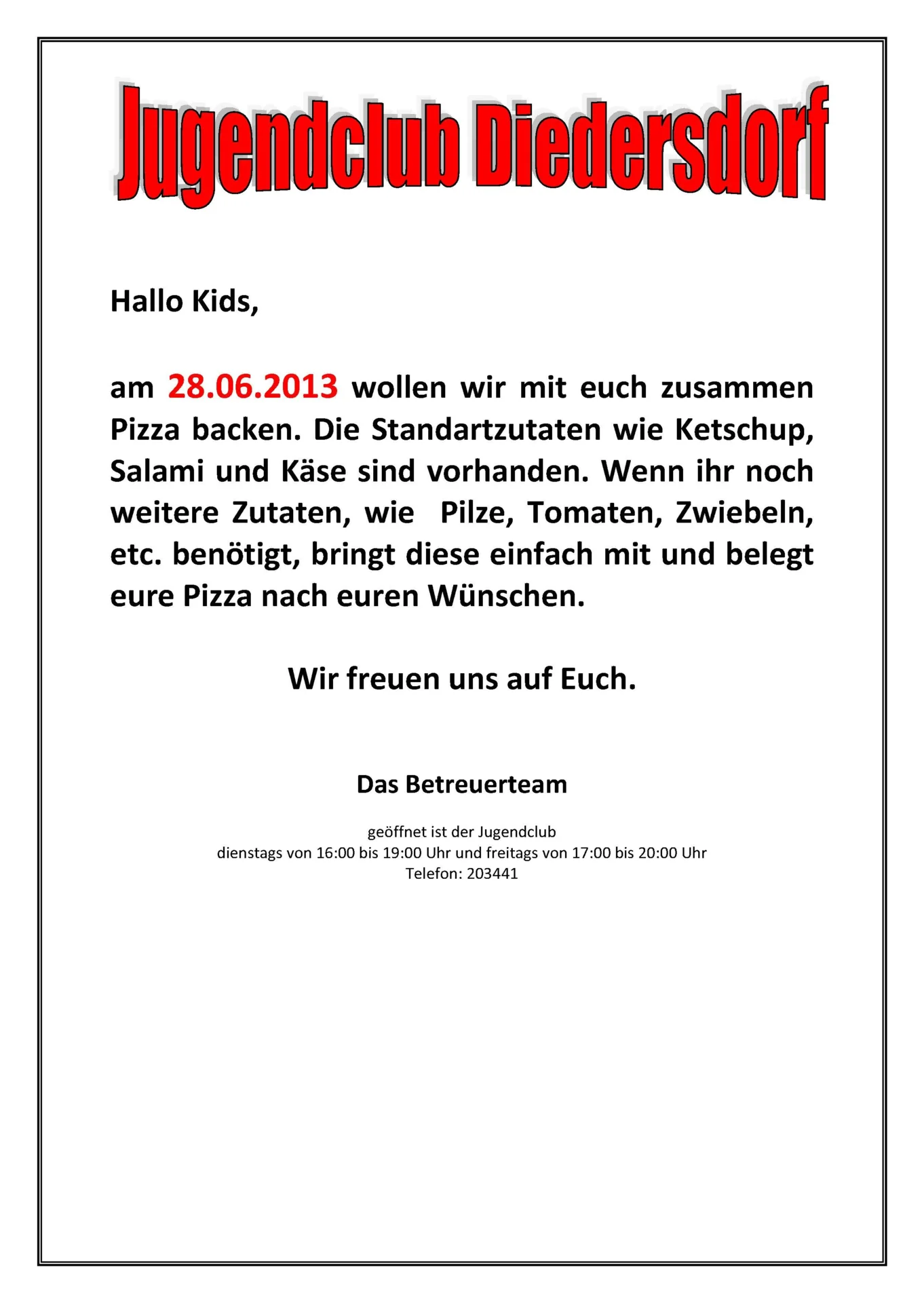 Flyer Jugendclub Diedersdorf Juni 2013