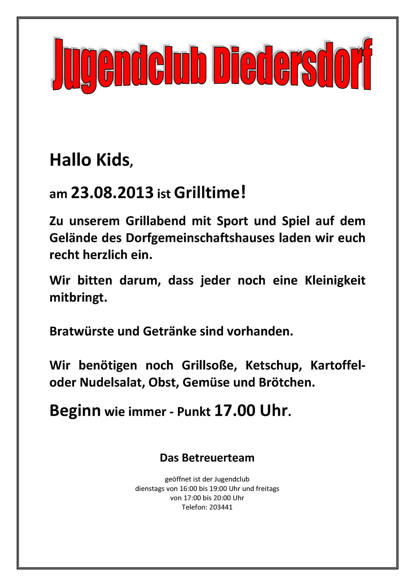 Flyer Jugendclub Diedersdorf August 2013