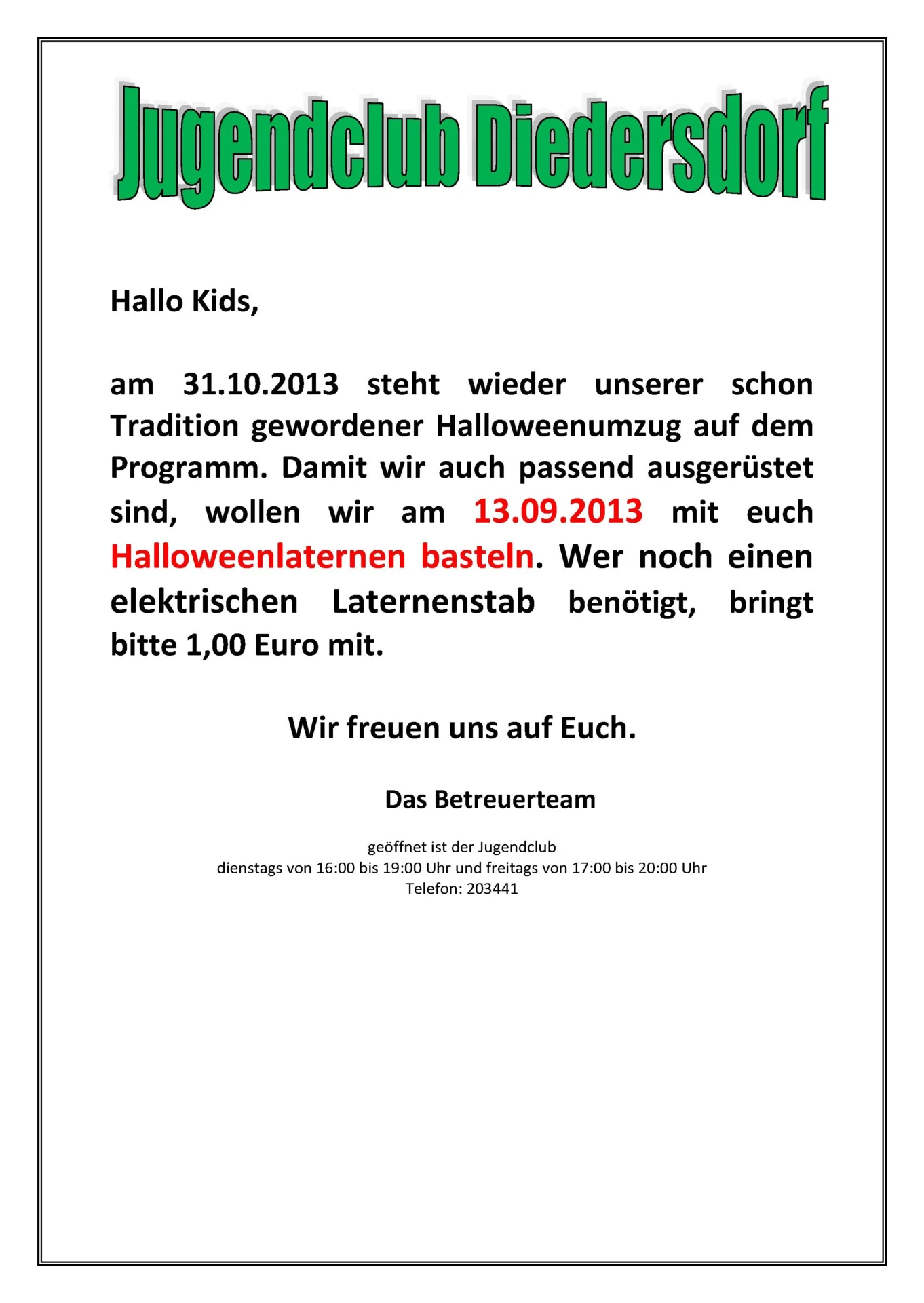 Flyer Jugendclub Diedersdorf September 2013