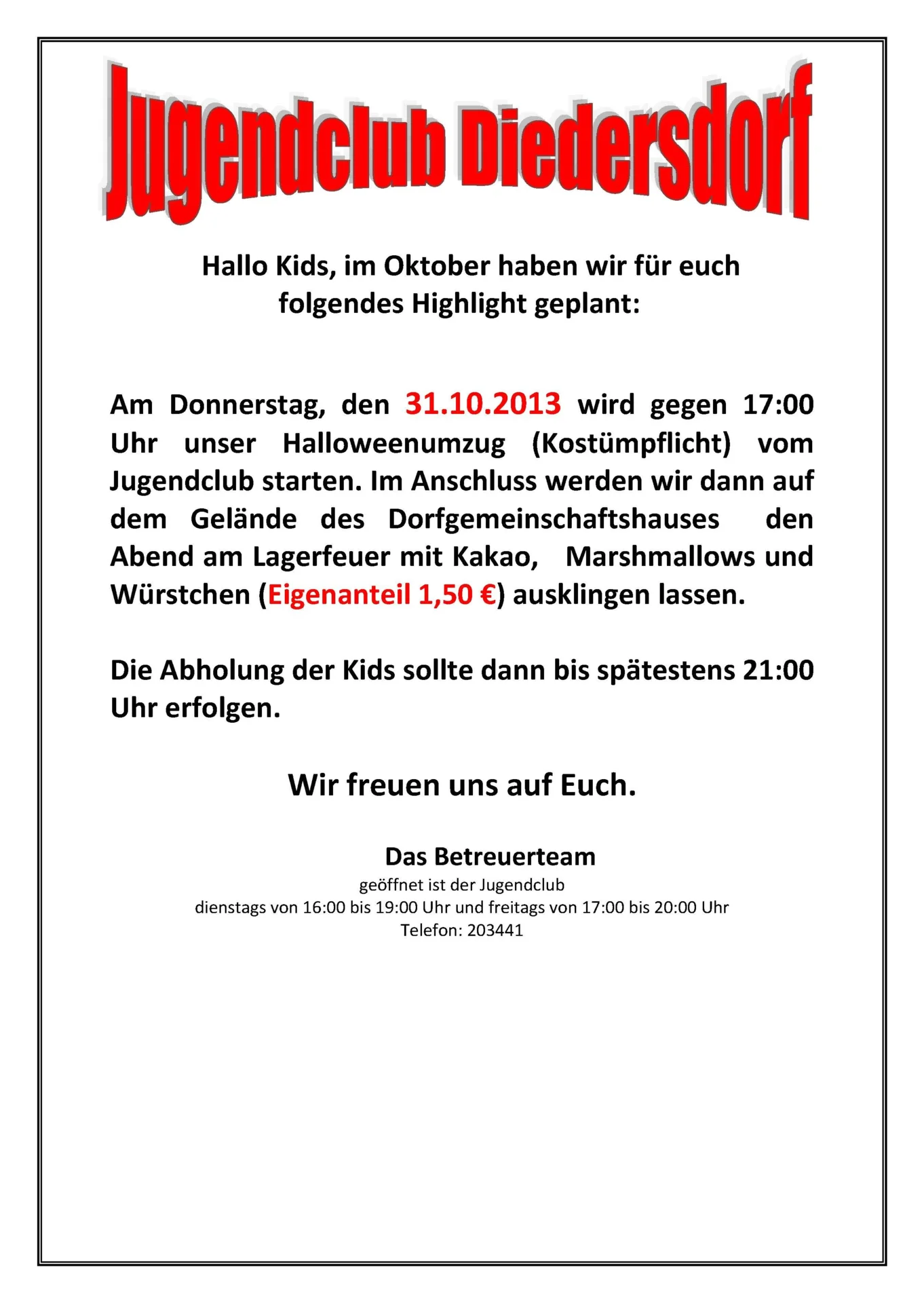 Flyer Jugendclub Diedersdorf Oktober 2013