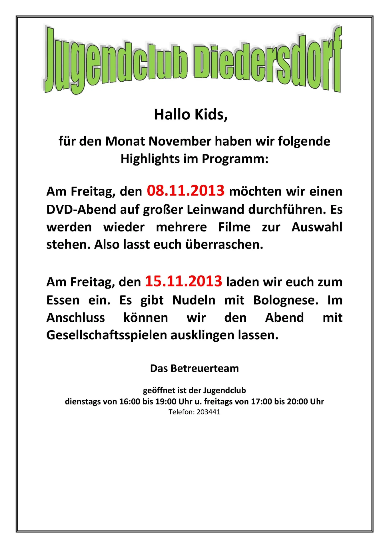 Flyer Jugendclub Diedersdorf November 2013