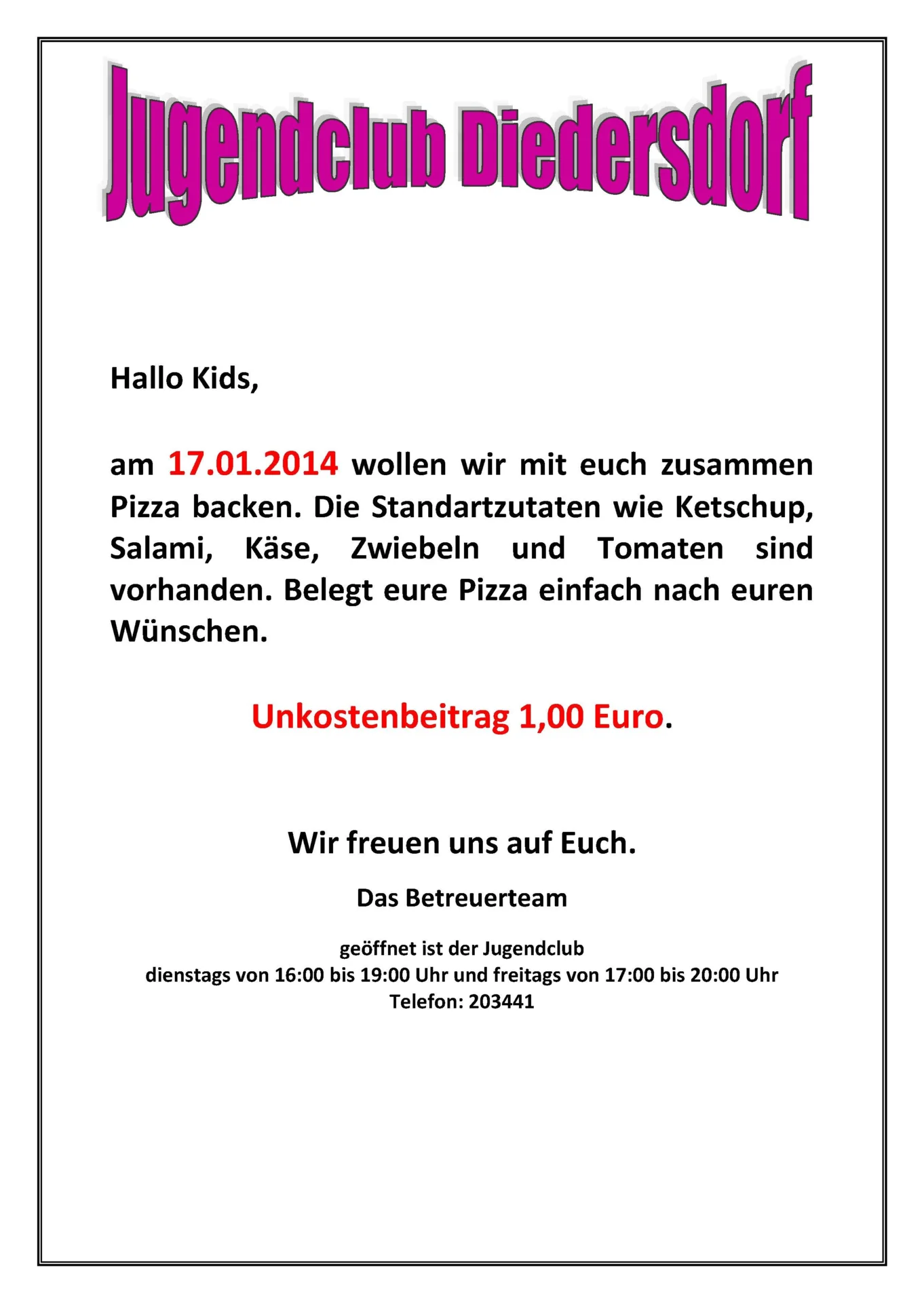Flyer Jugendclub Diedersdorf Januar 2014