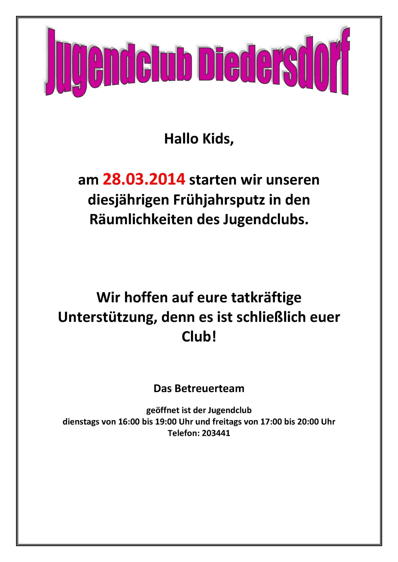 Flyer Jugendclub Diedersdorf März 2014