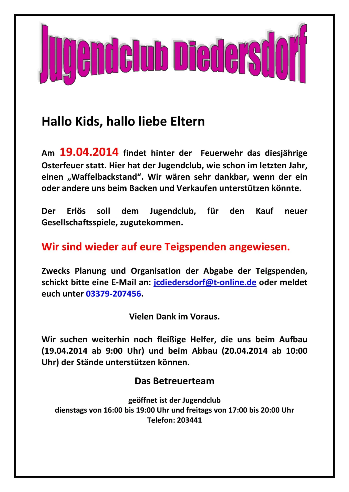 Flyer Jugendclub Diedersdorf April 2014