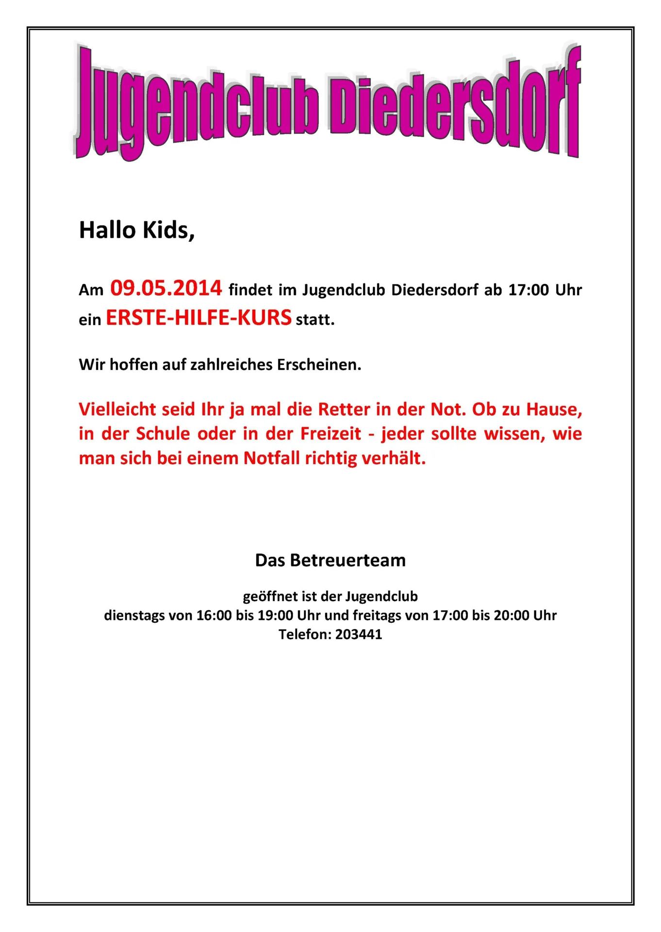 Flyer Jugendclub Diedersdorf Mai 2014