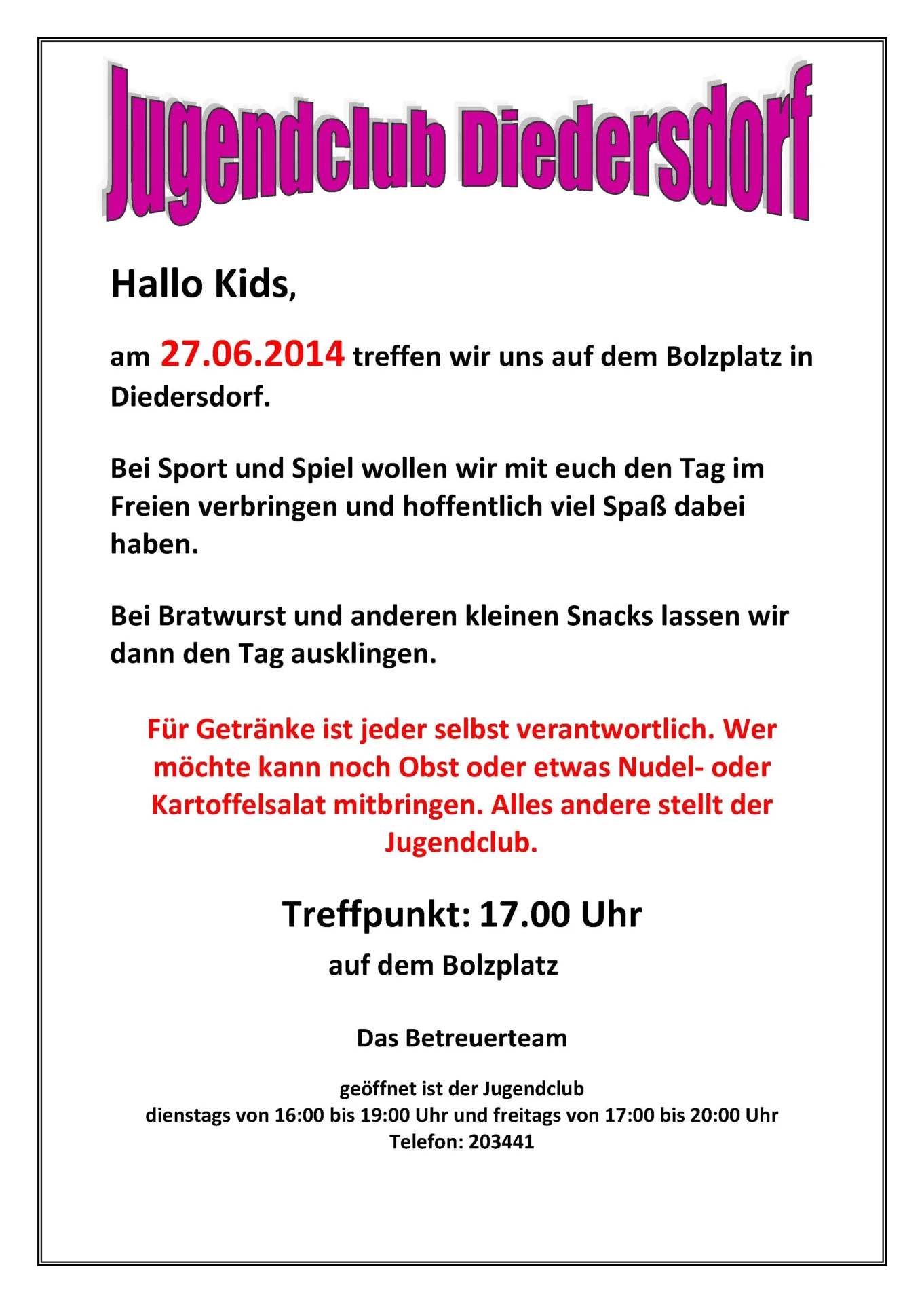 Flyer Jugendclub Diedersdorf Juni 2014